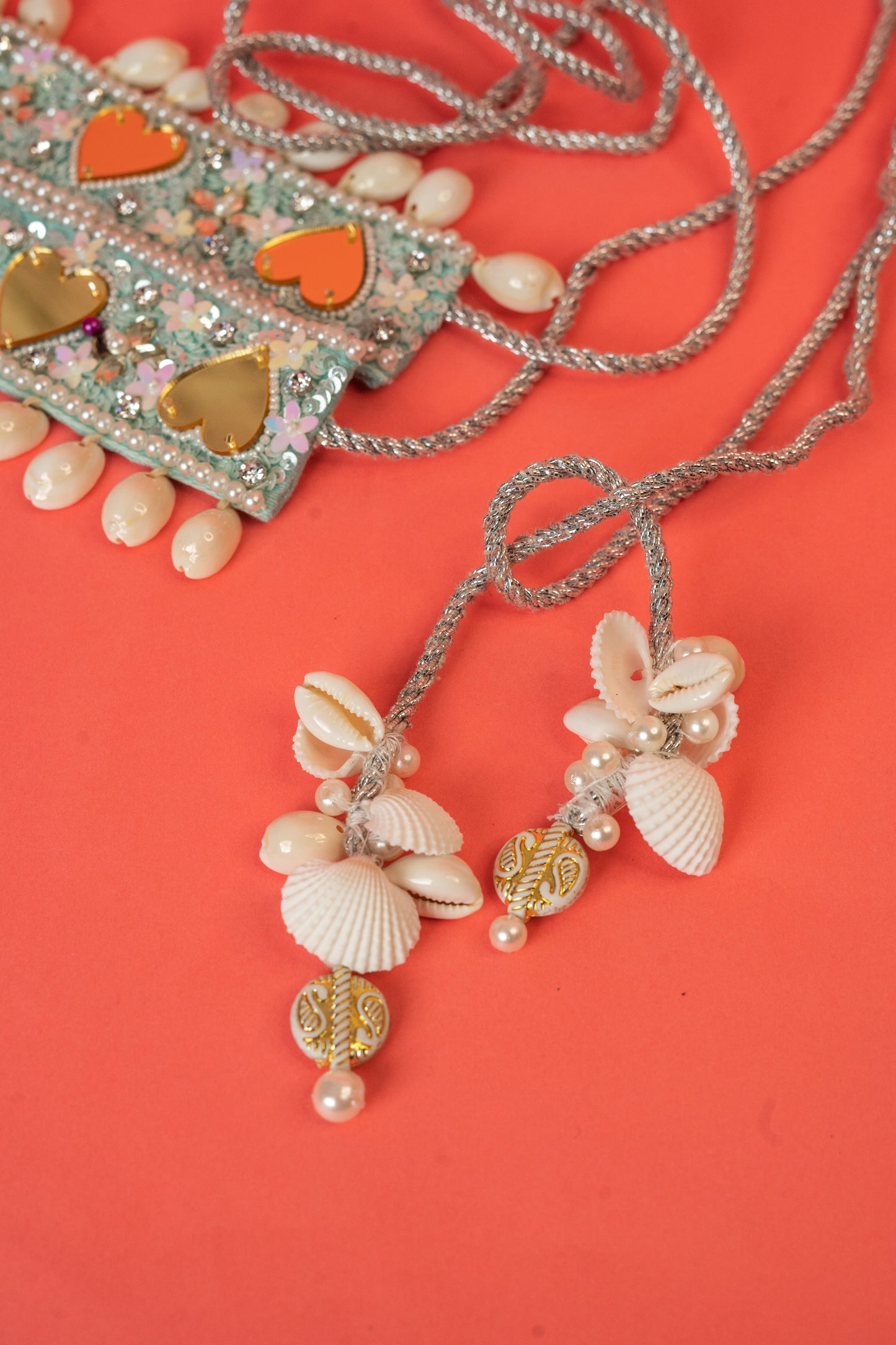 Mirror beaded waist belt with shell hanging