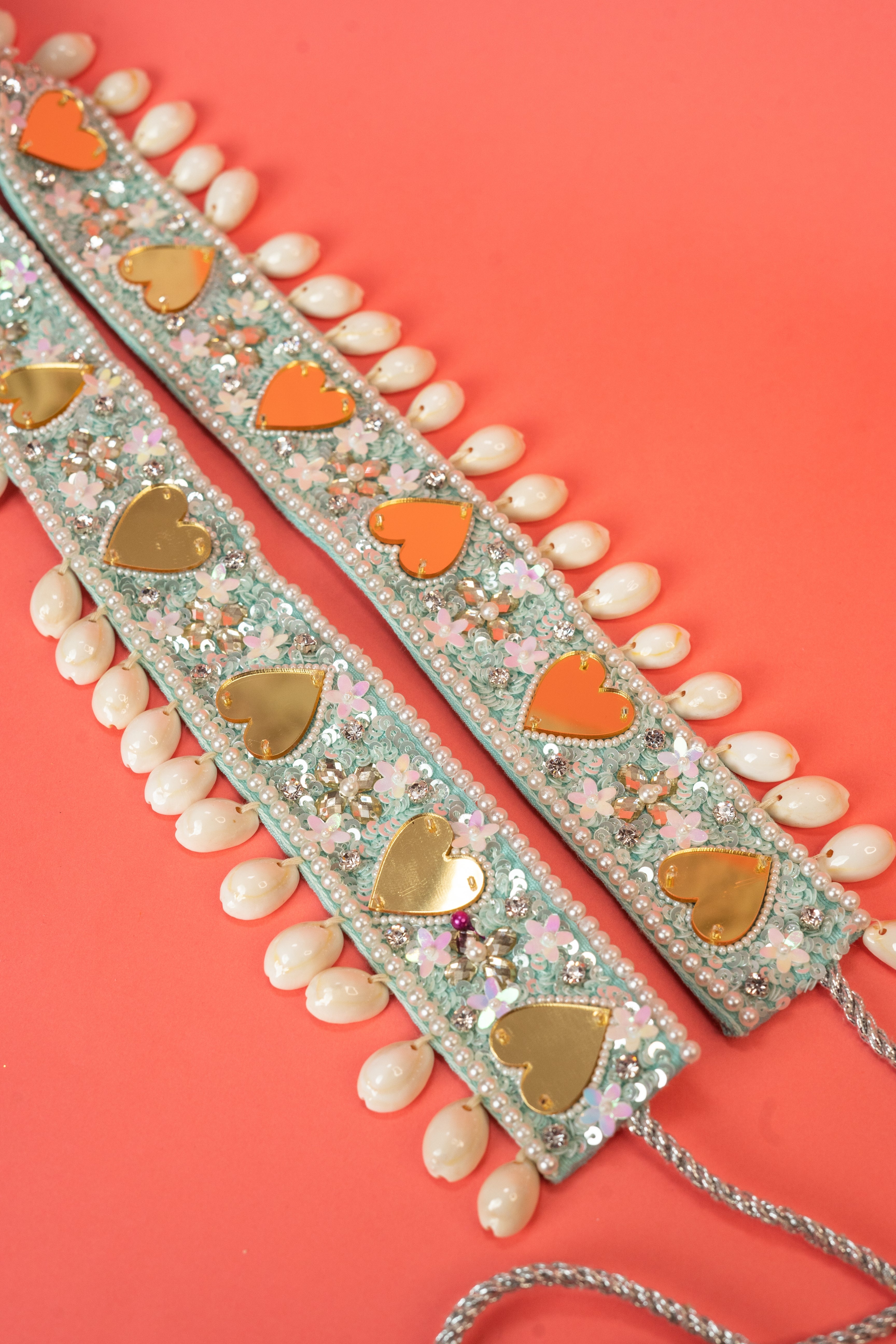 Mirror beaded waist belt with shell hanging