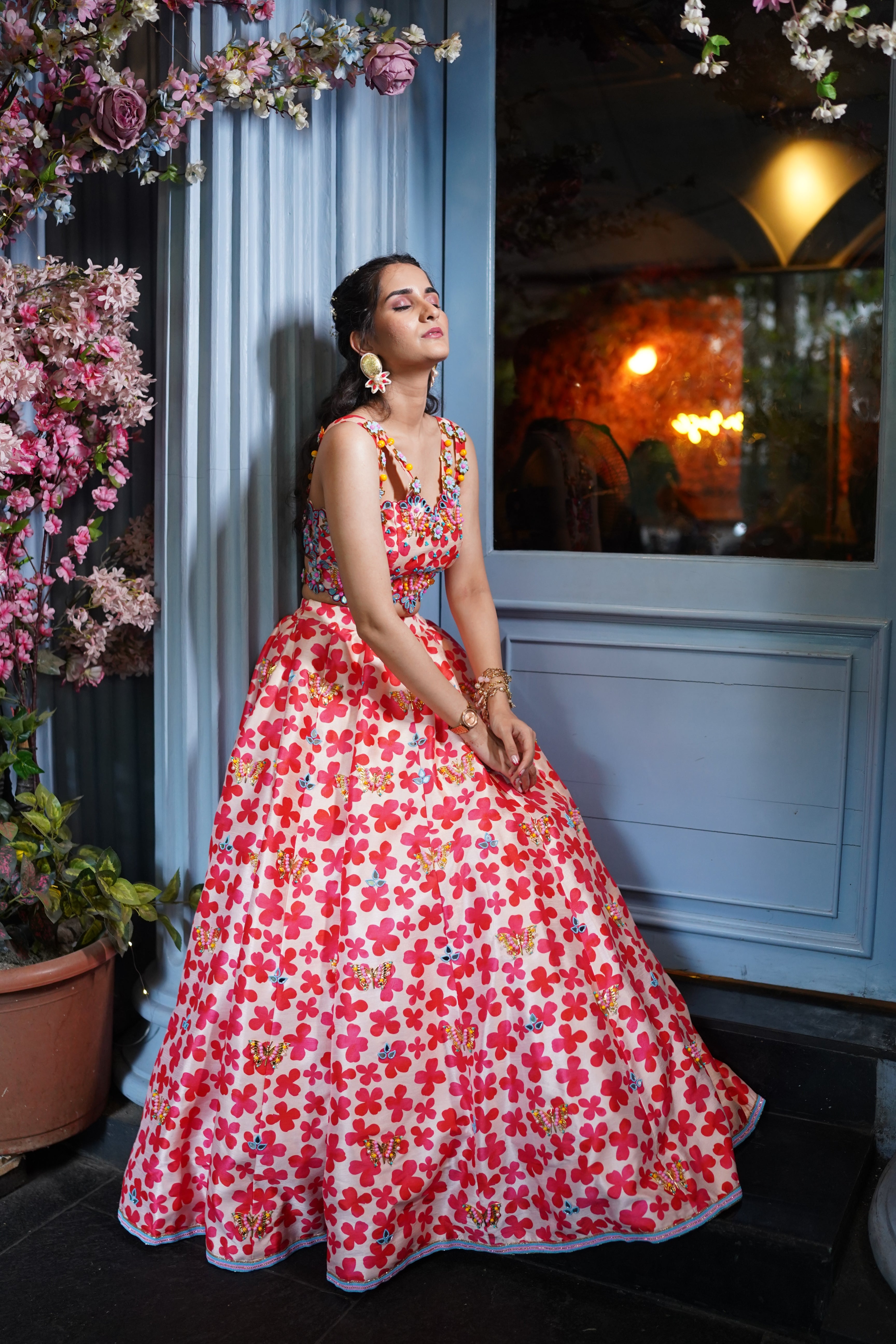 Floral digital print hand embroidered lehenga with blouse.