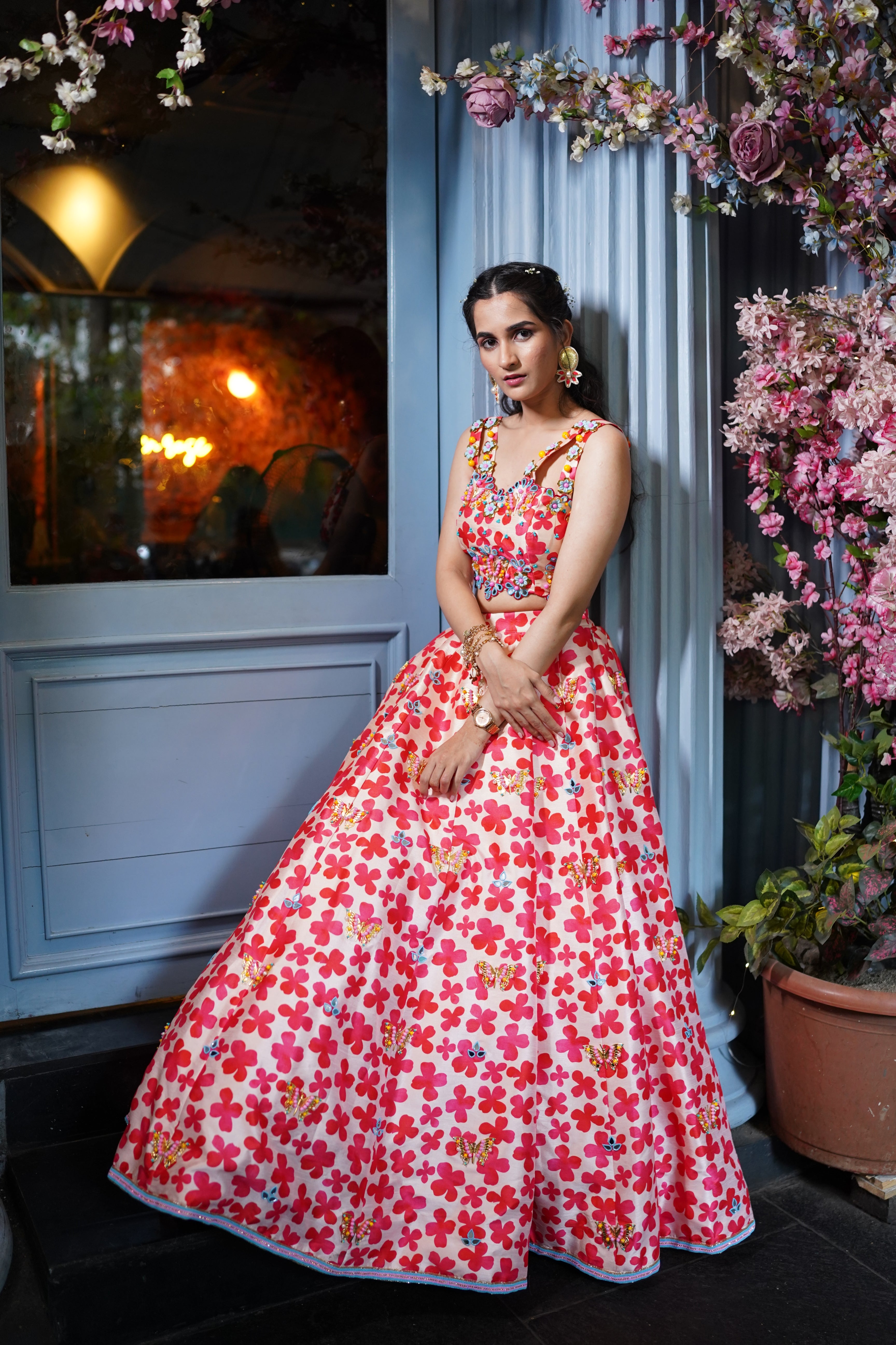 Floral digital print hand embroidered lehenga with blouse.