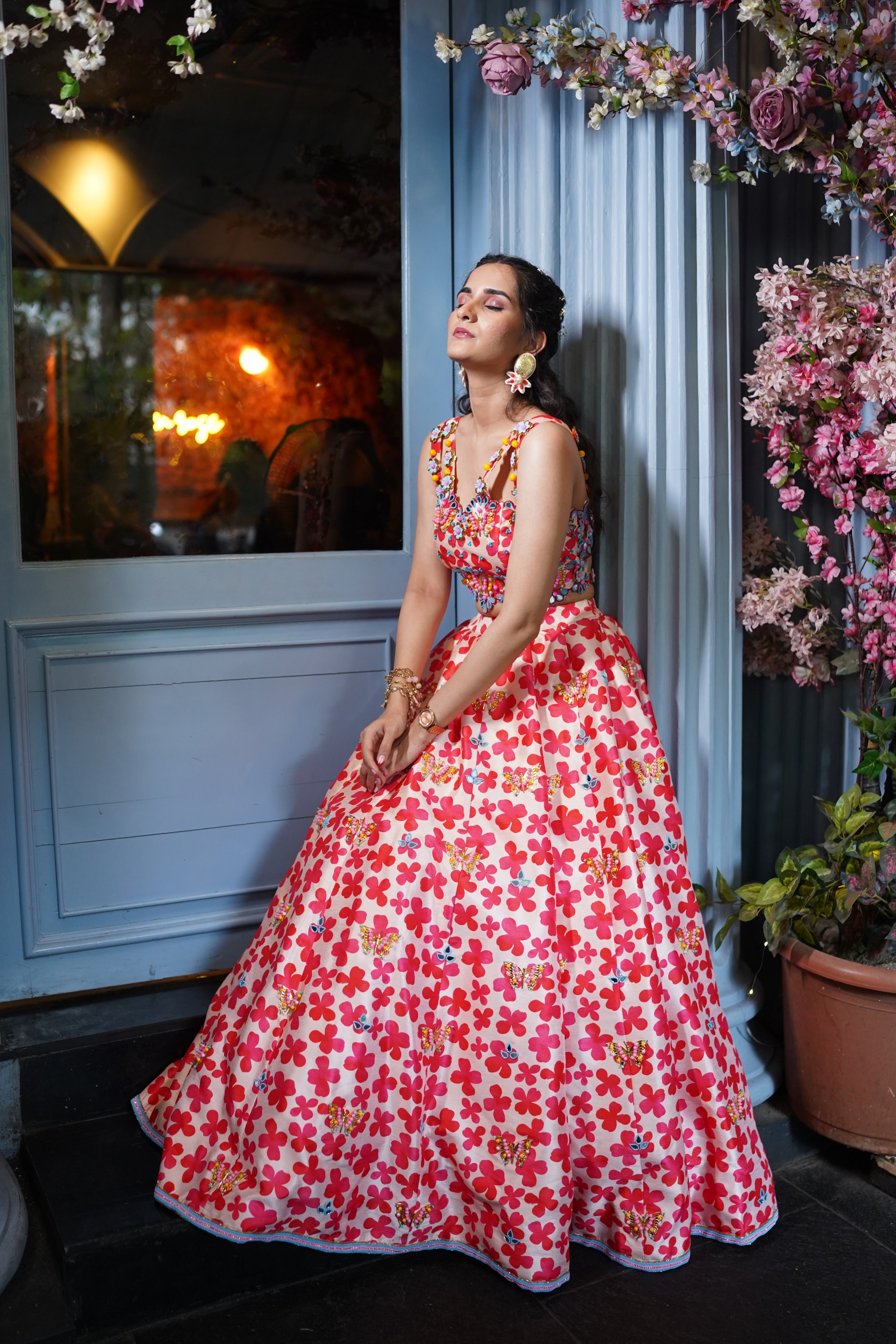 Floral digital print hand embroidered lehenga with blouse.