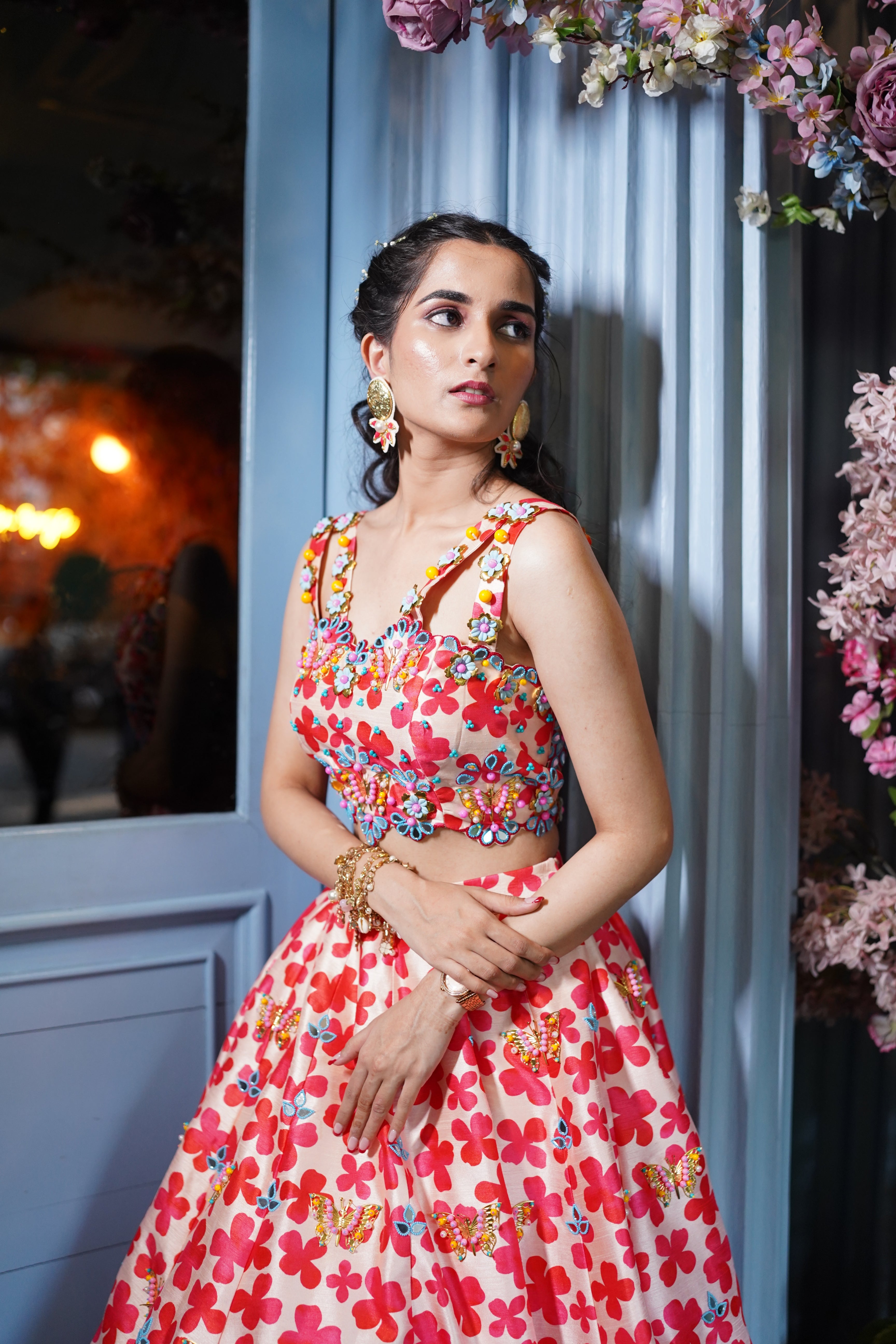 Floral digital print hand embroidered lehenga with blouse.