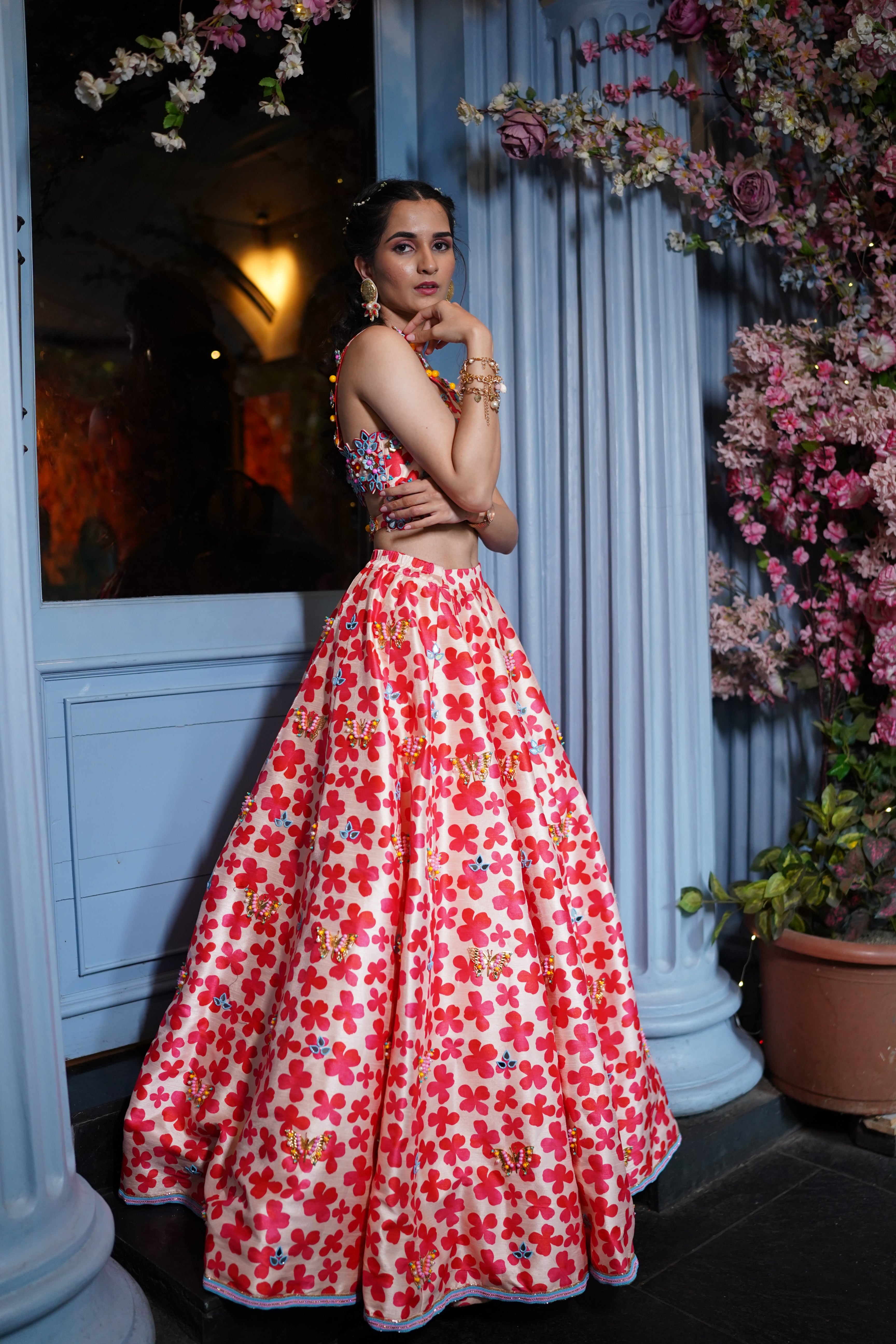 Floral digital print hand embroidered lehenga with blouse.