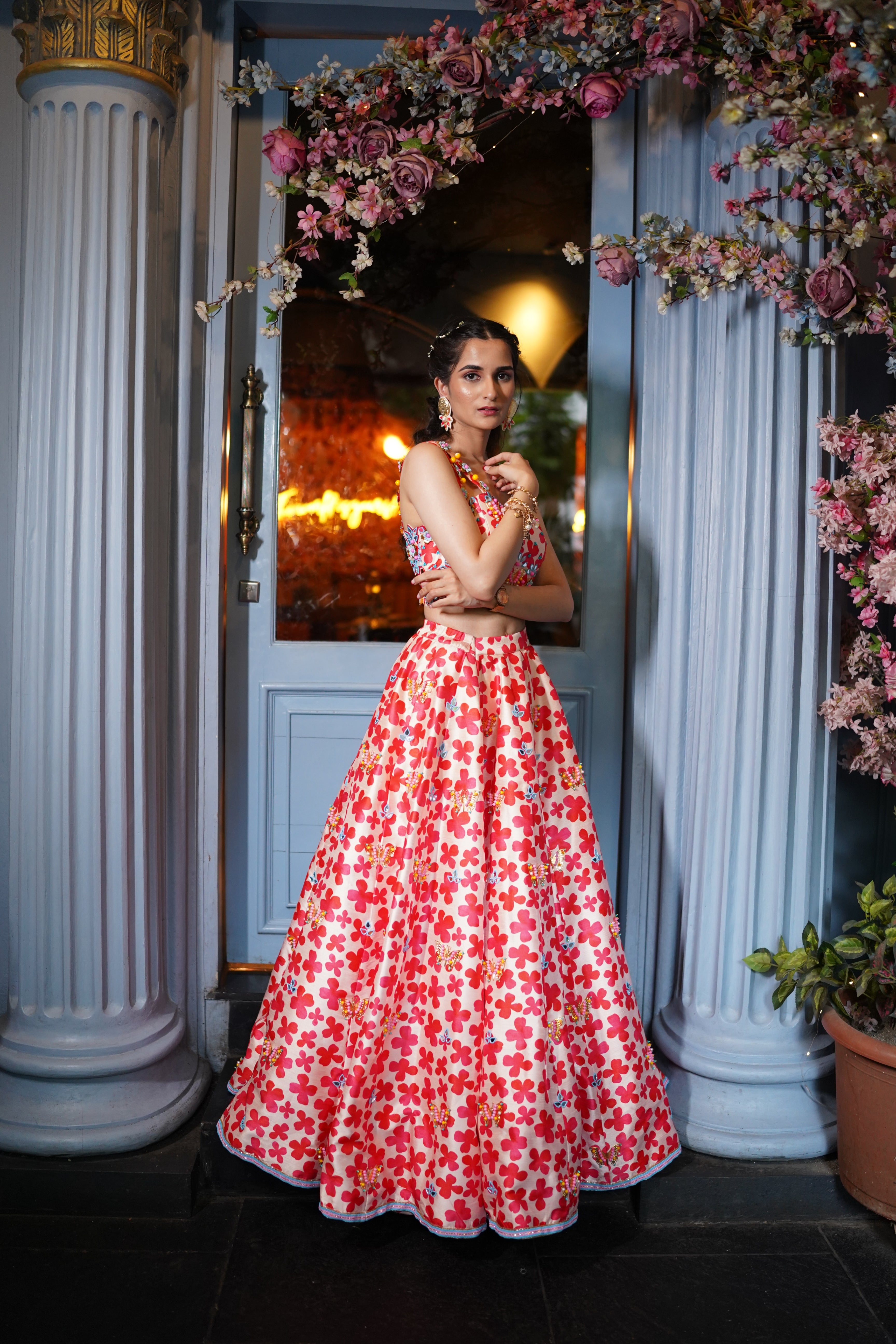 Floral digital print hand embroidered lehenga with blouse.