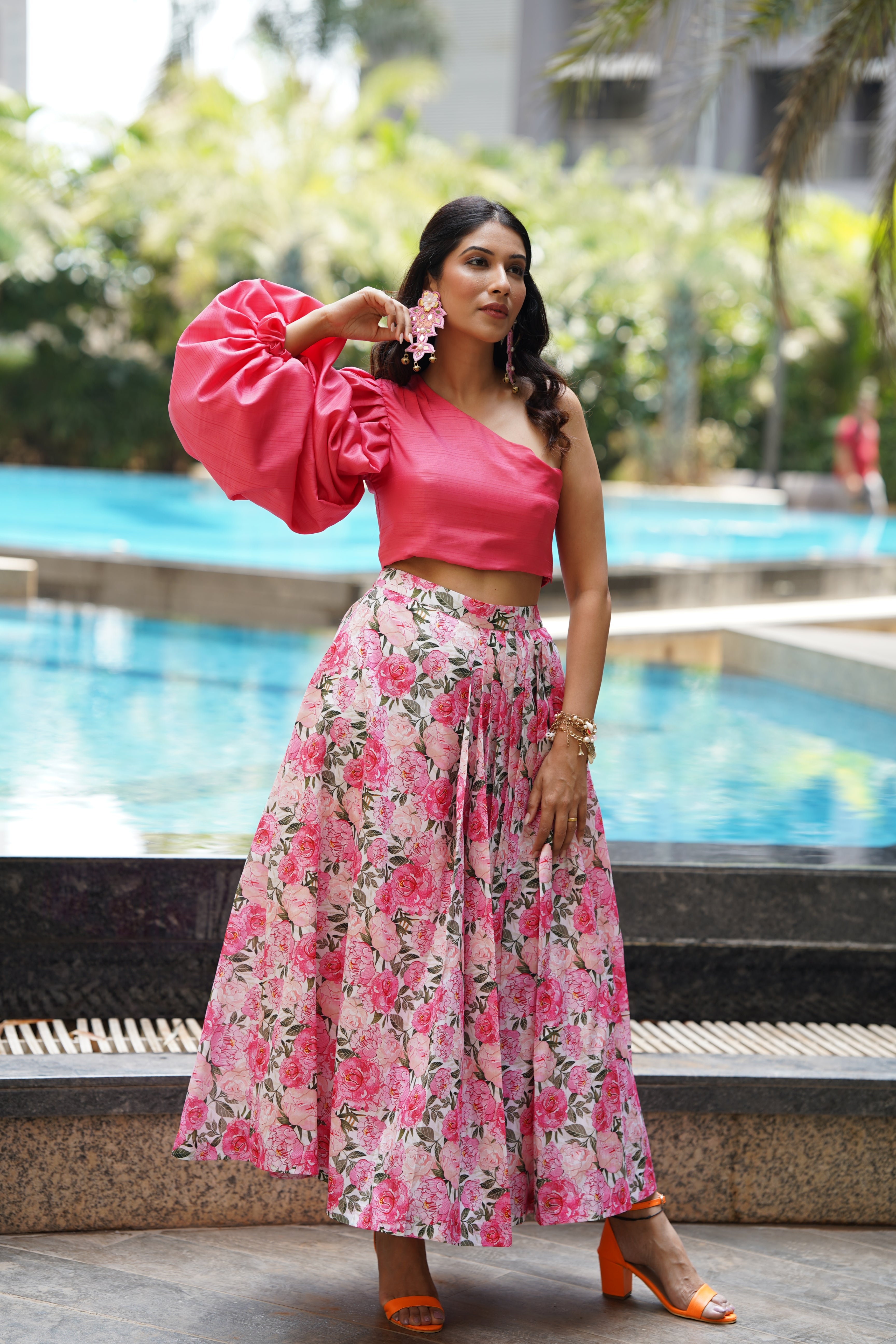 Pastel pink off-shoulder blouse with sunshine yellow and pink border lehenga  by Anushree Reddy at Lakme Fashion Week Summer Resort 2016 – Shinjini  Amitabh Chawla