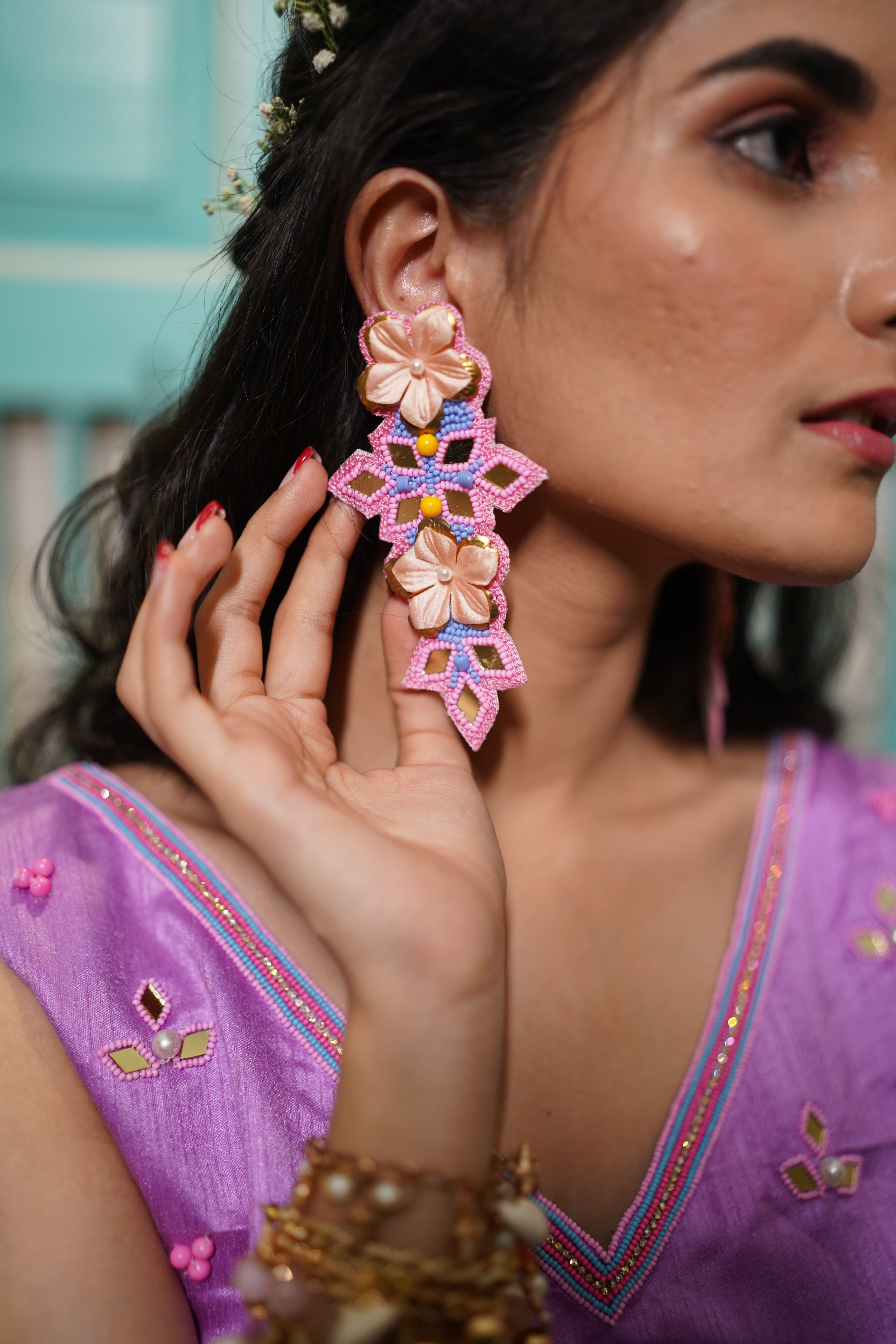 Floral blue beaded handcrafted earings
