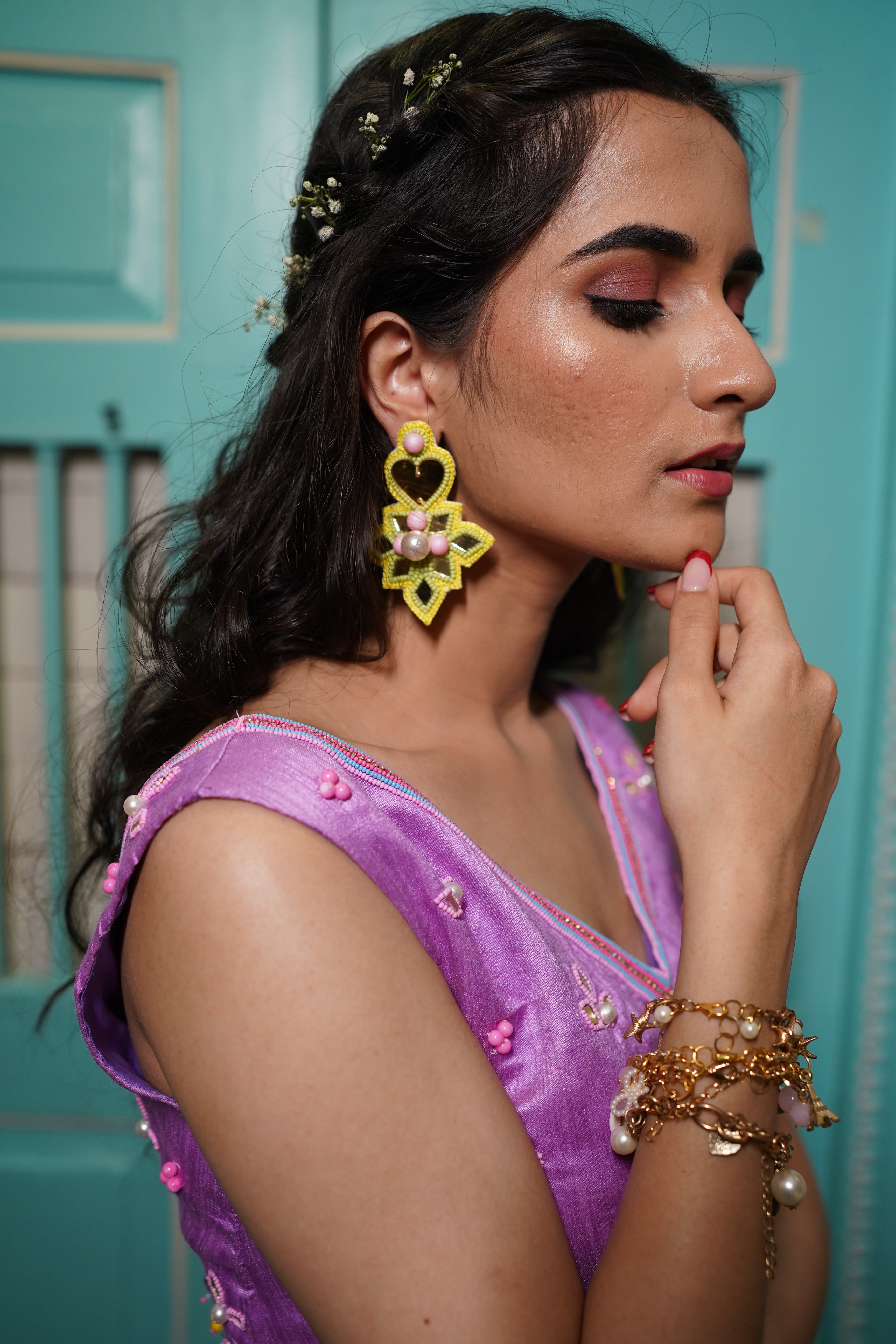 Yellow mirror beaded handcrafted earings.