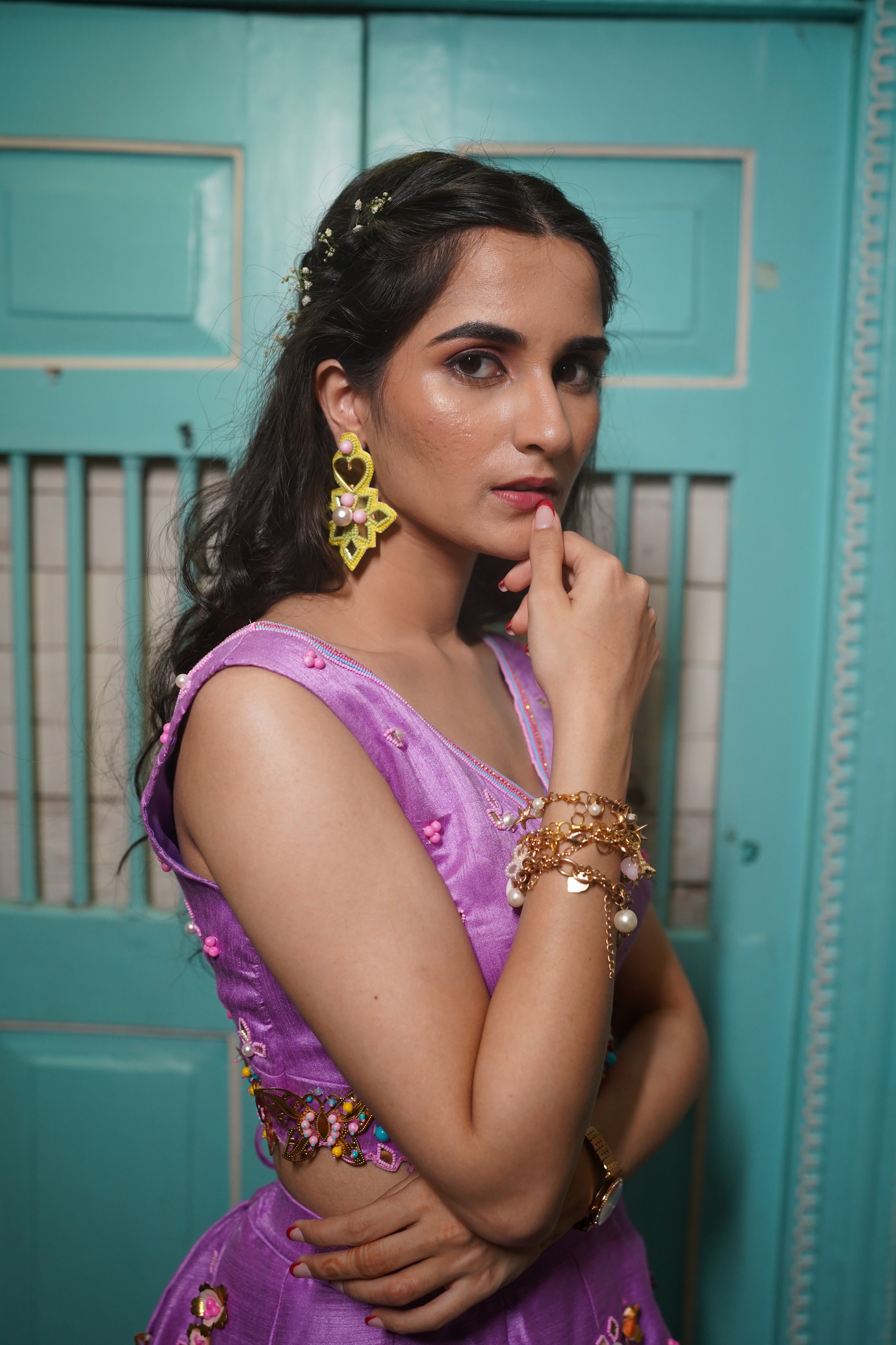 Yellow mirror beaded handcrafted earings.