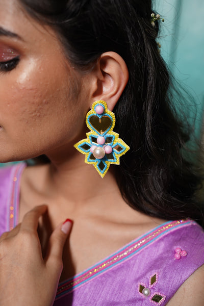Mirror & pearl beaded hand embroidered earrings