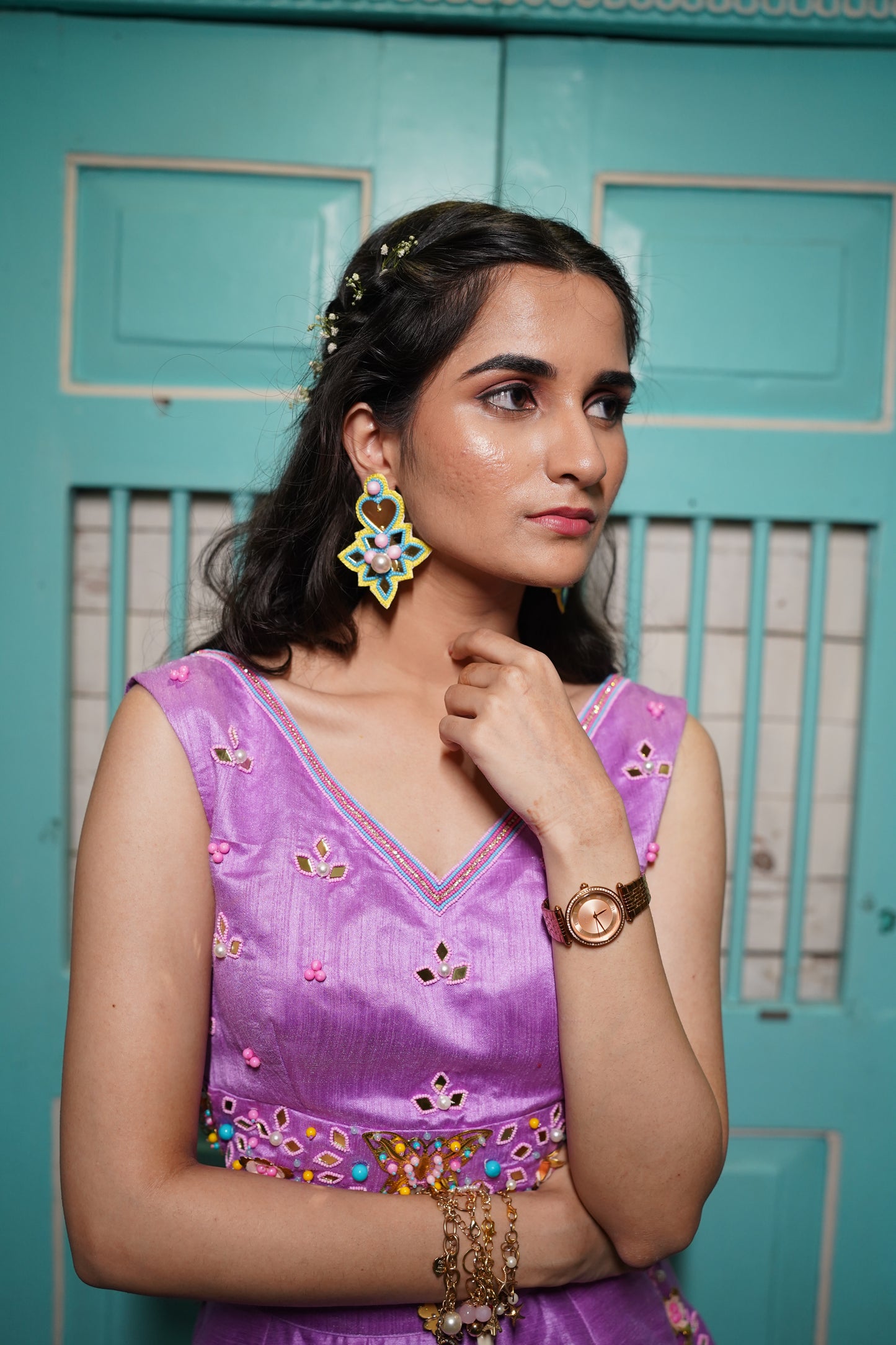 Mirror & pearl beaded hand embroidered earrings