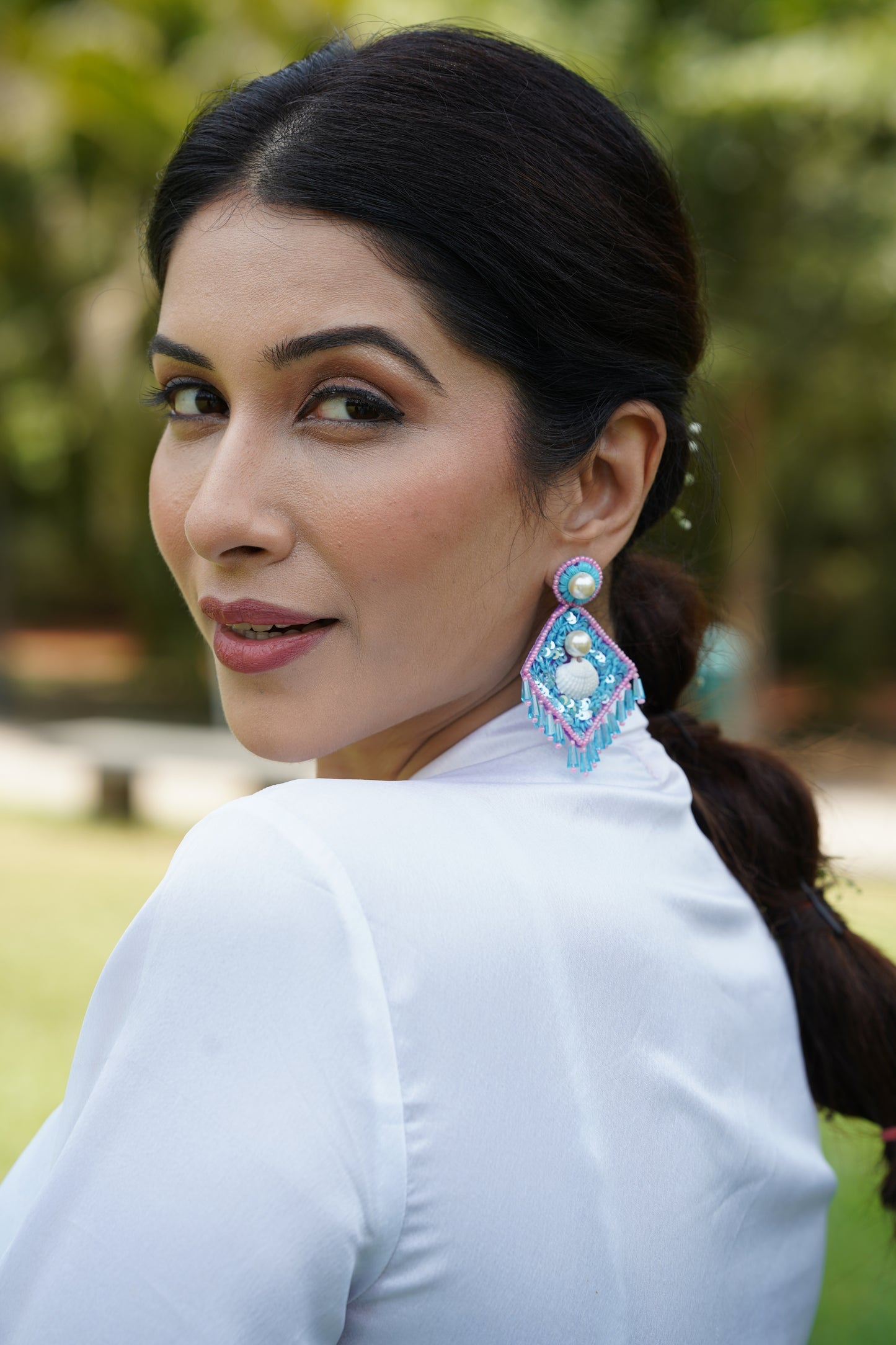 Blue shell & pearl beaded earrings