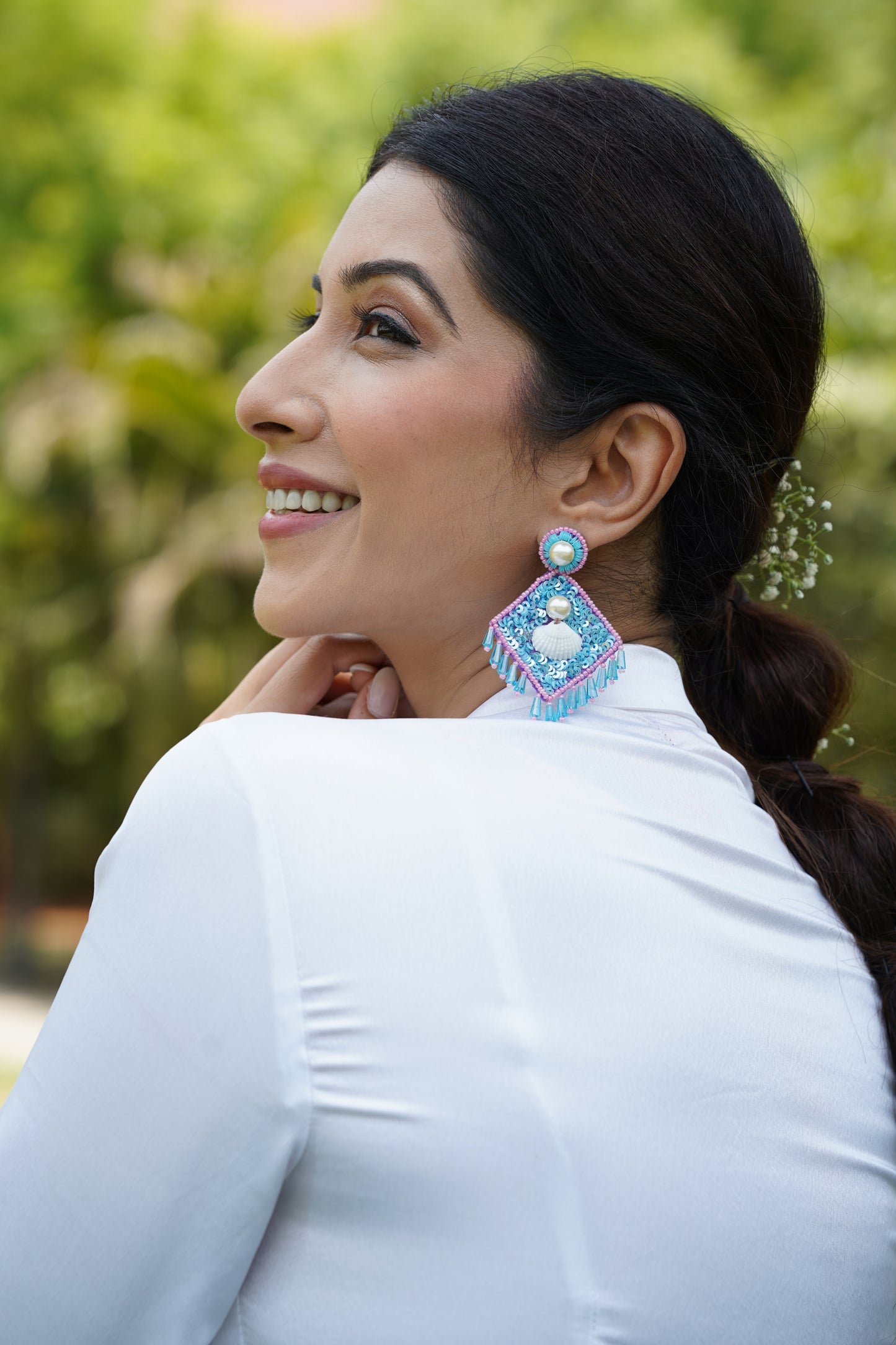 Blue shell & pearl beaded earrings
