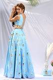 Sky blue hand embroidered lehenga with blouse
