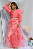 Pink Organza ruffle saree with hand embroidered blouse