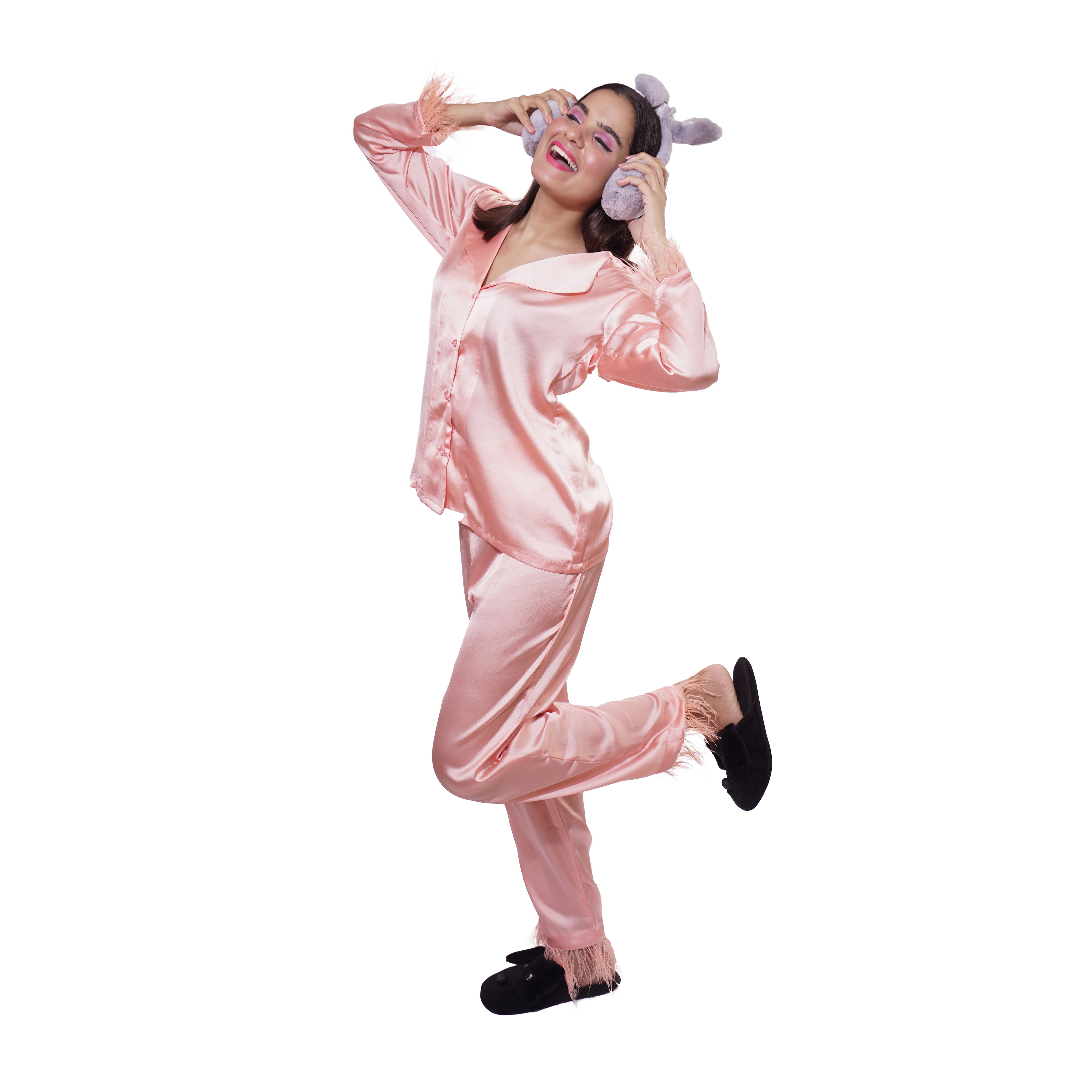 Peach Satin  Ankle Length Satin Night Suit/ Pajama Set with Feathers on sleeve