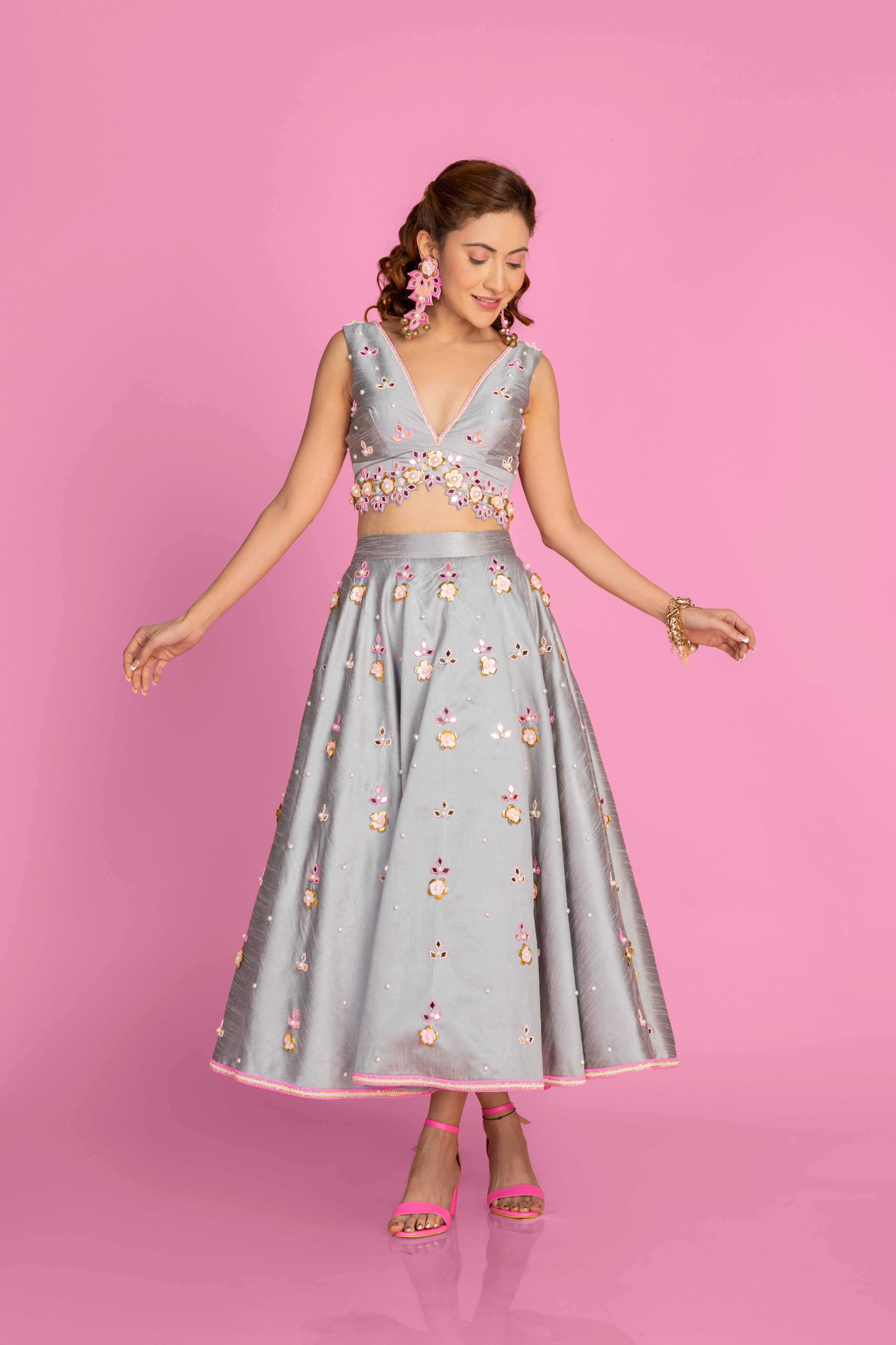Grey Ankle Length Lehenga With Blouse Set