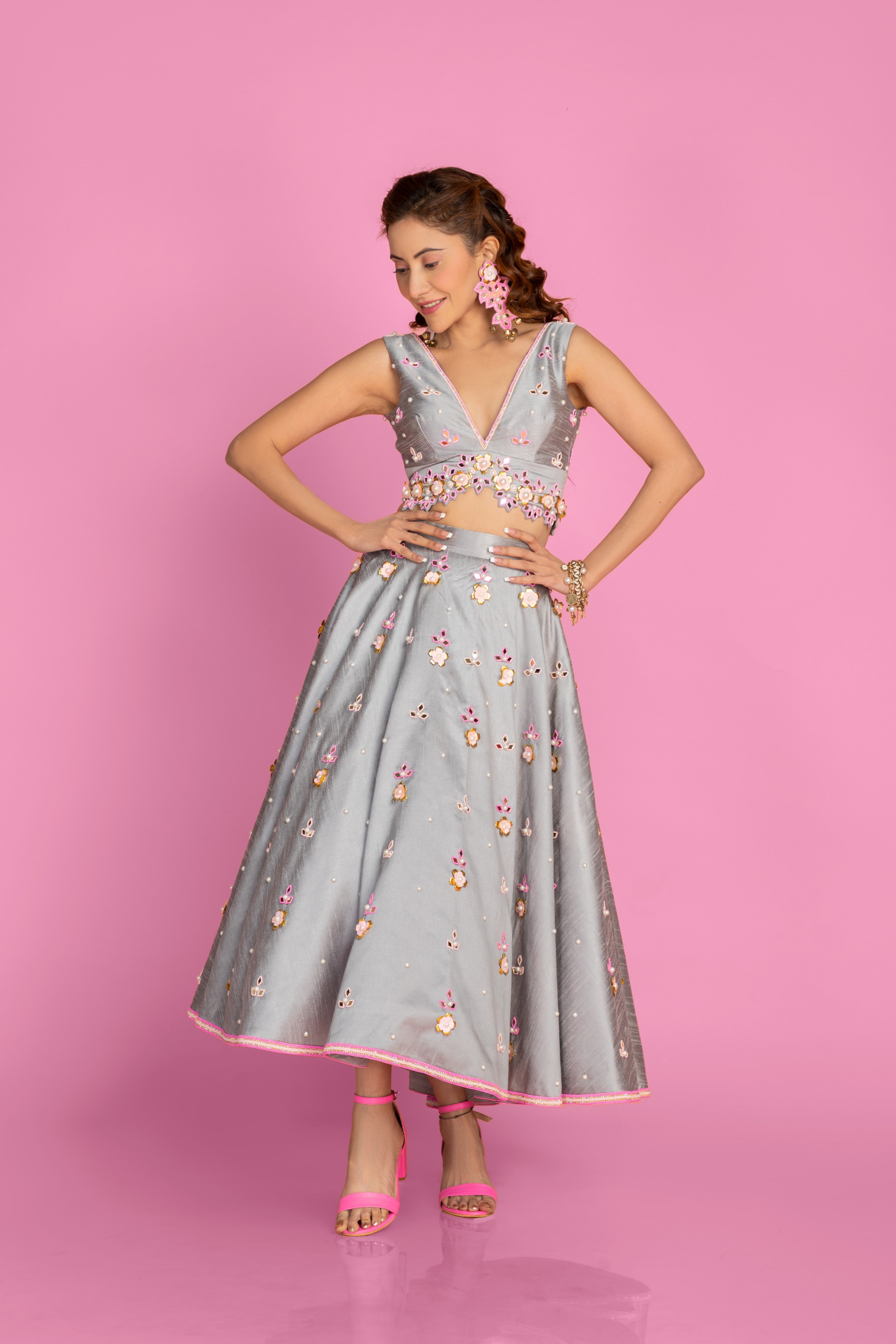 Grey Ankle Length Lehenga With Blouse Set