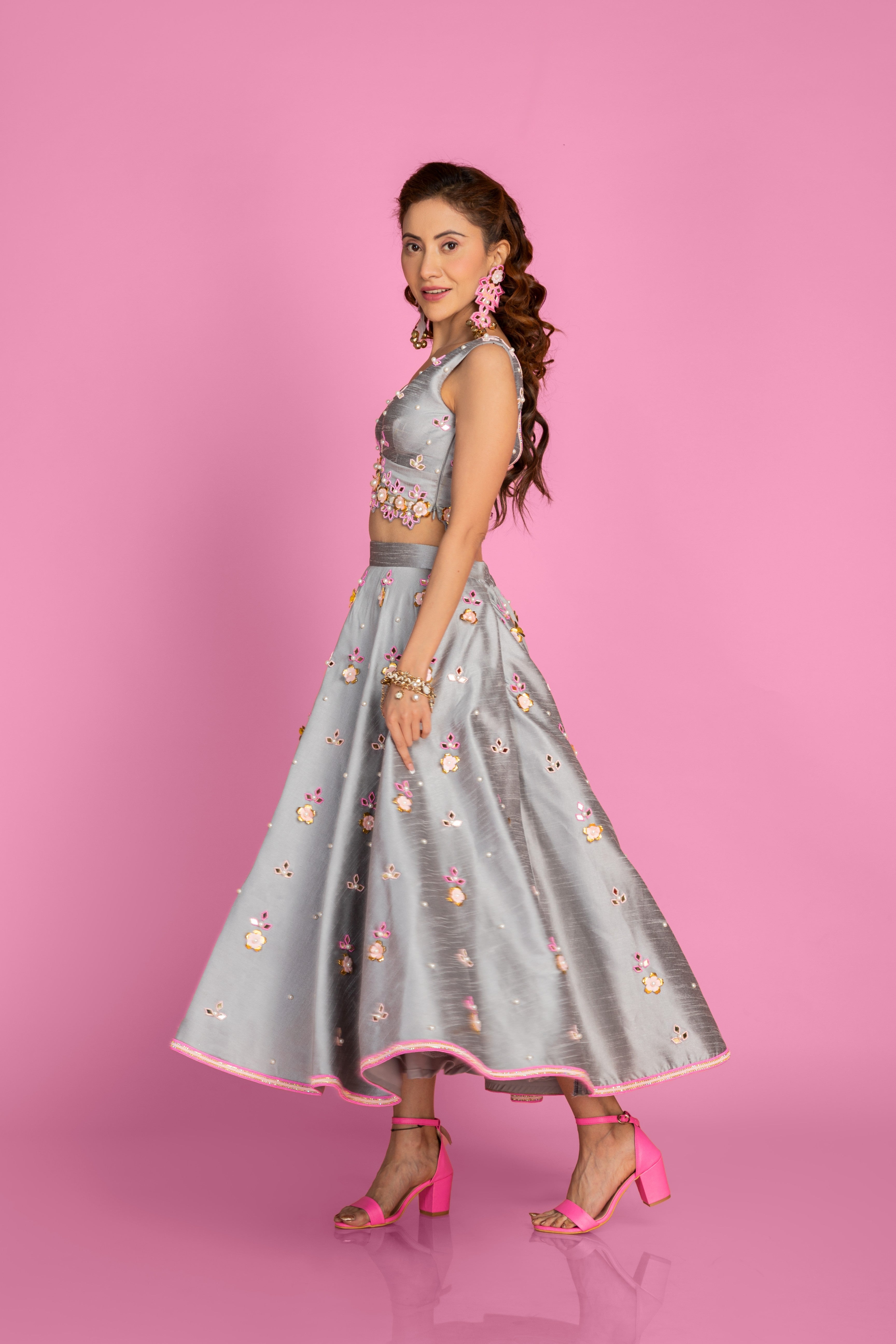 Grey Ankle Length Lehenga With Blouse Set