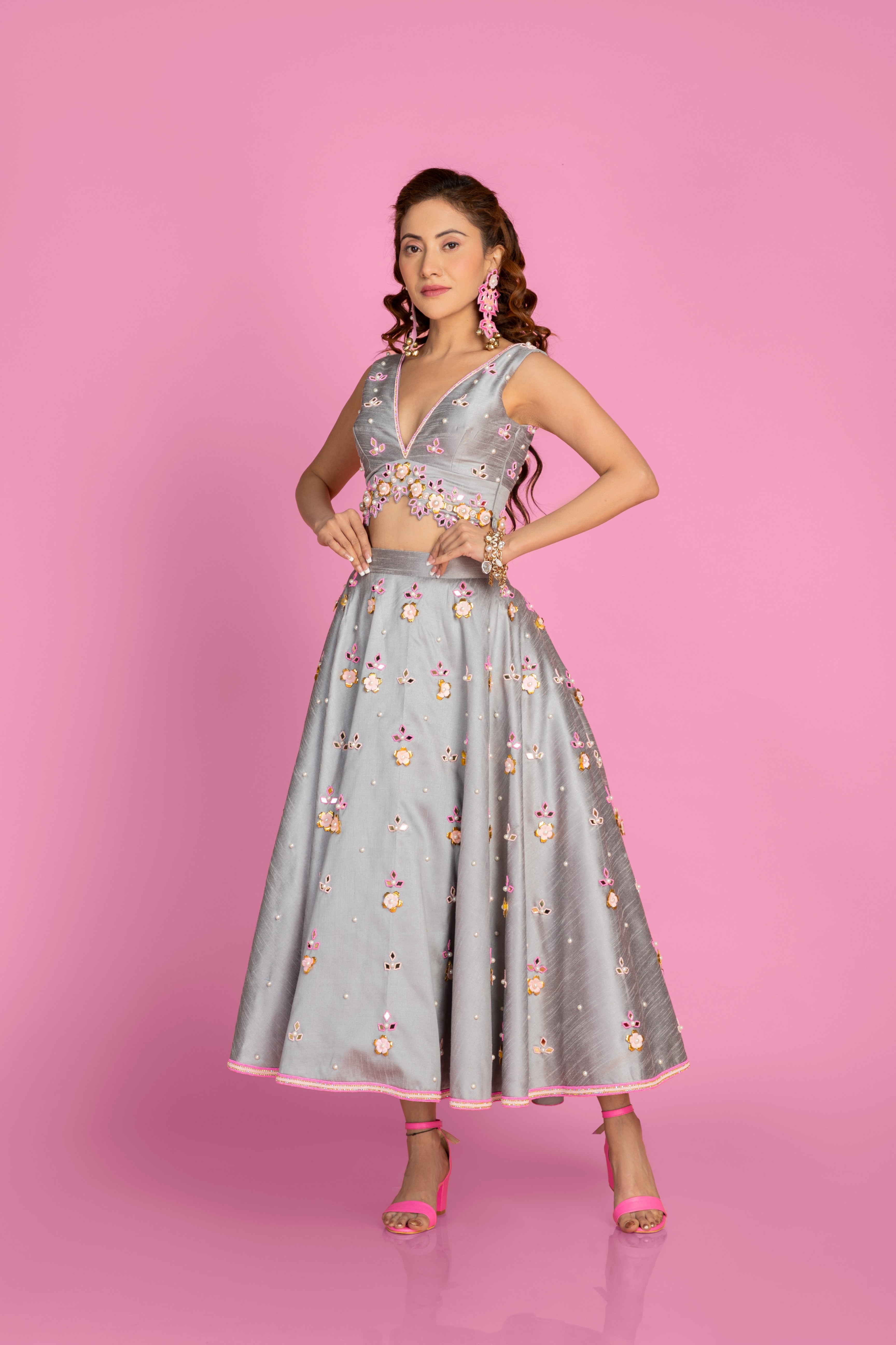 Grey Ankle Length Lehenga With Blouse Set