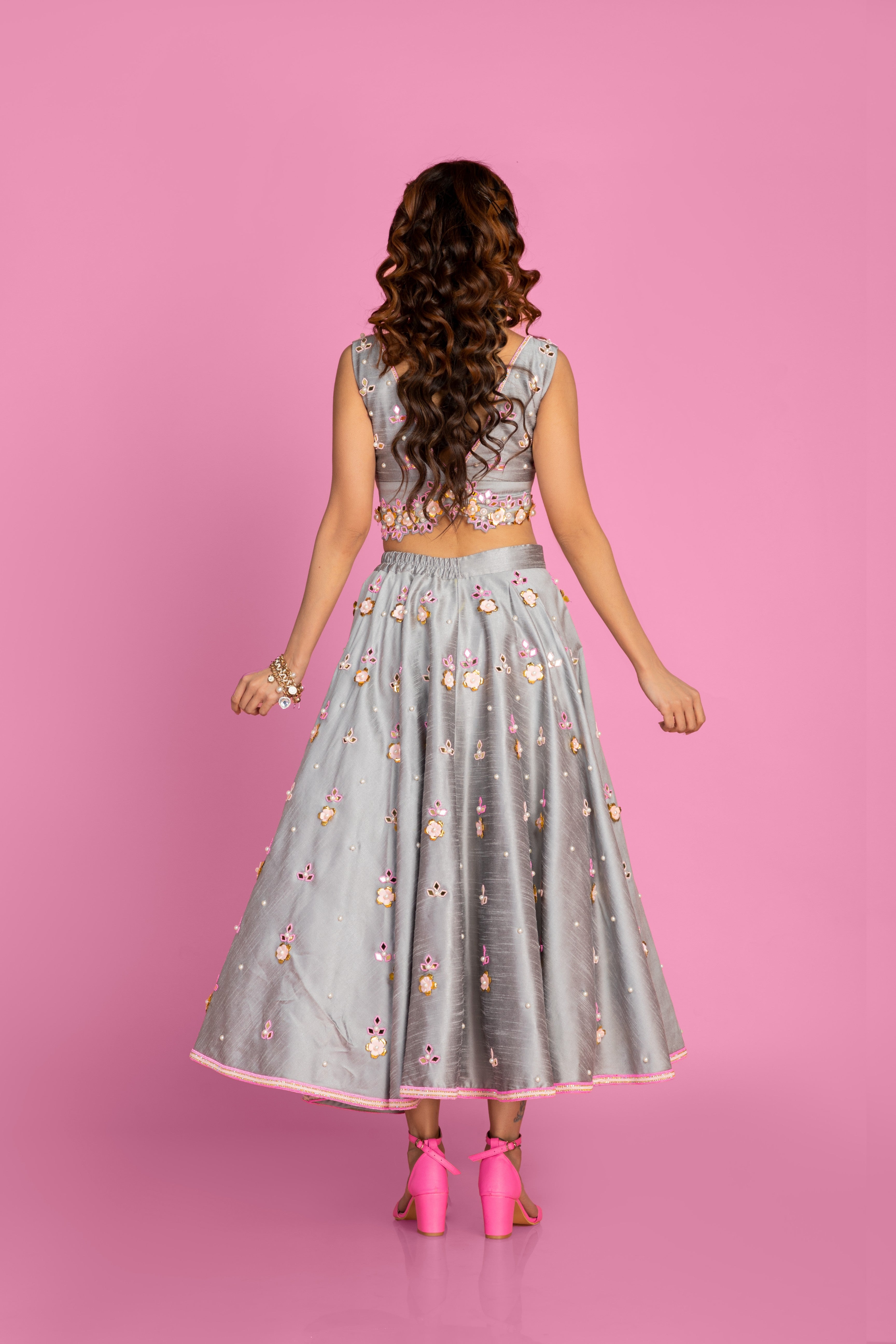 Grey Ankle Length Lehenga With Blouse Set