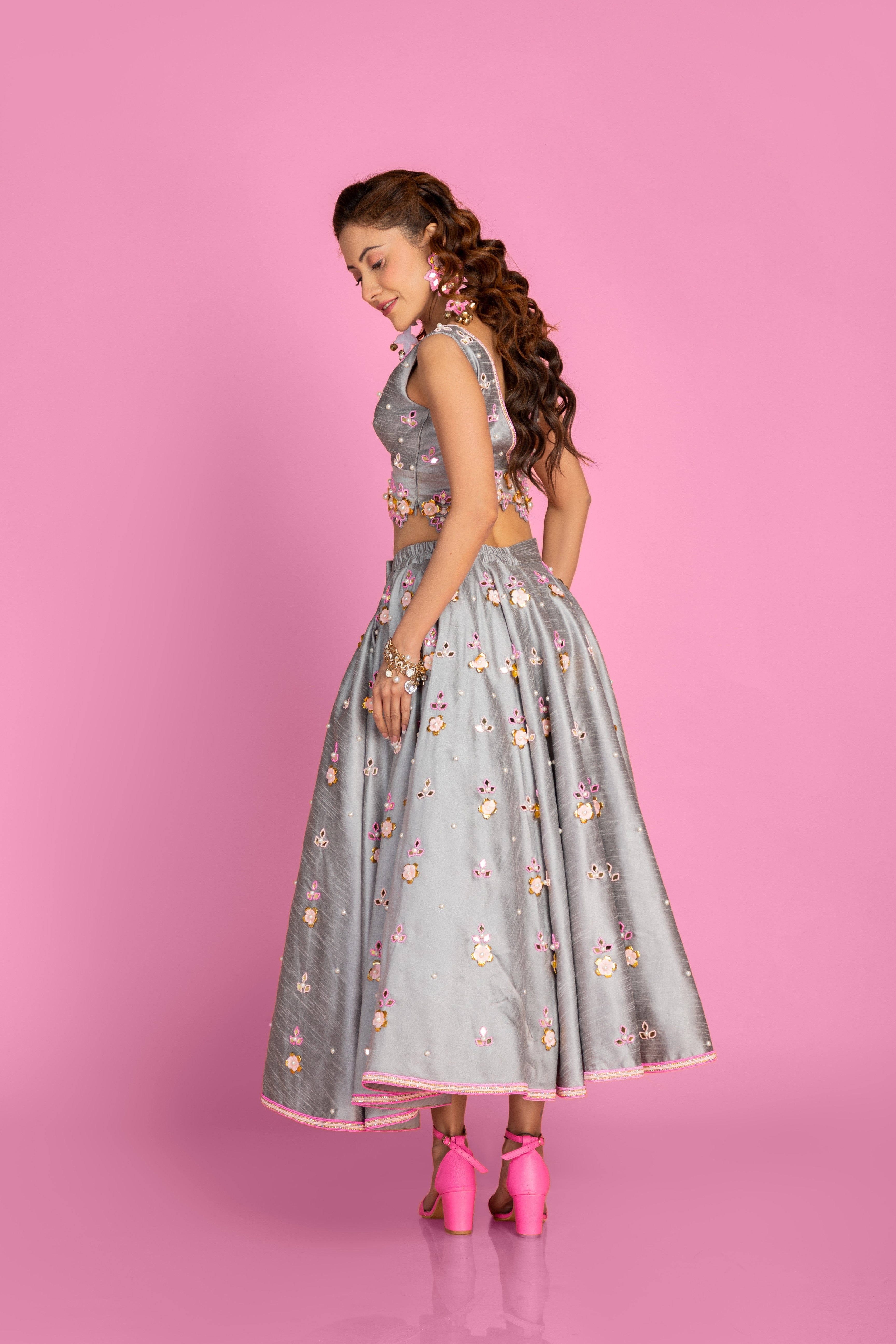 Grey Ankle Length Lehenga With Blouse Set