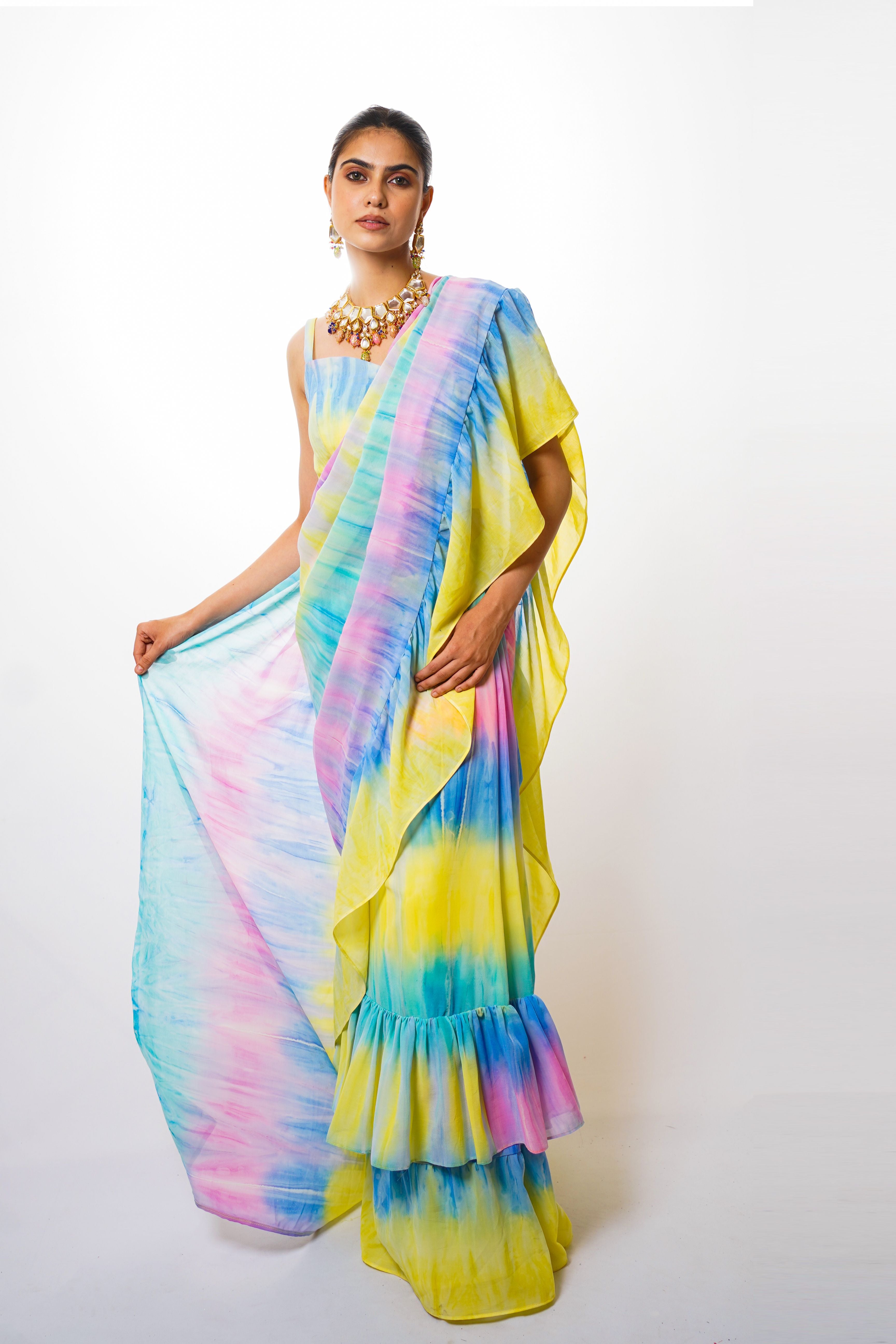 Tie & dye ruffle saree with blouse