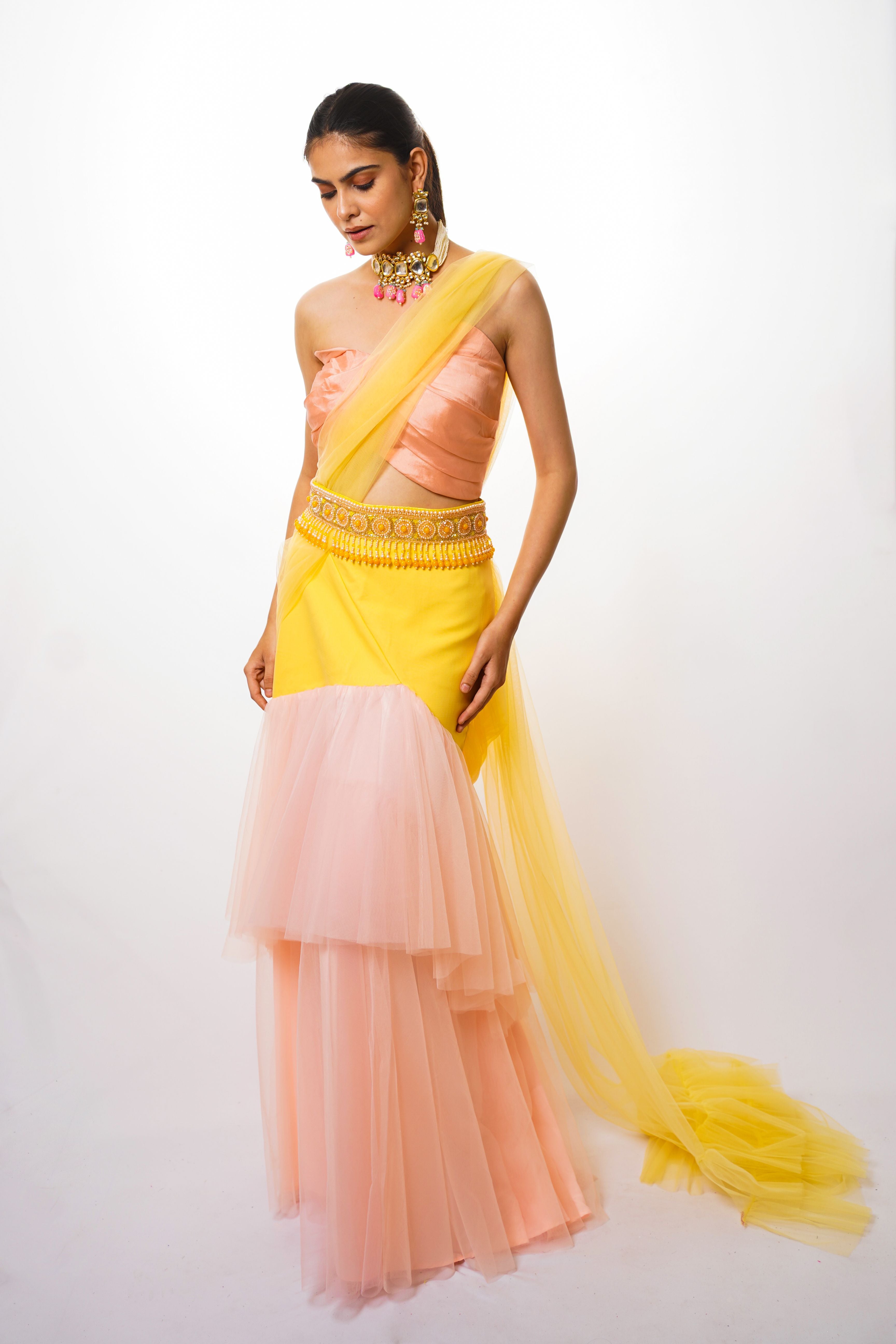 Peach & yellow ruffle saree with off-shoulder blouse – Neha Sharma Label