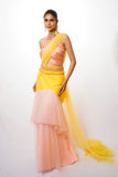 Peach & yellow ruffle saree  with off-shoulder blouse