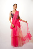 Pink shaded ruffle saree with digital print blouse