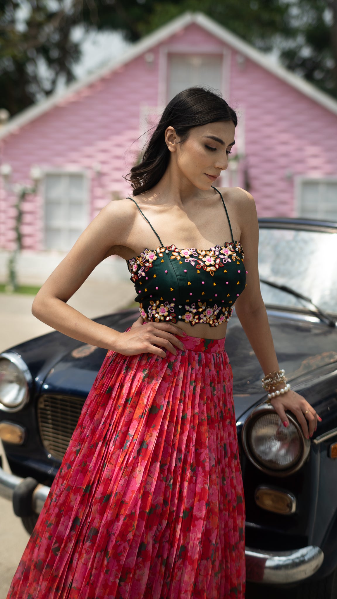 Red Pleated Lehenga Set