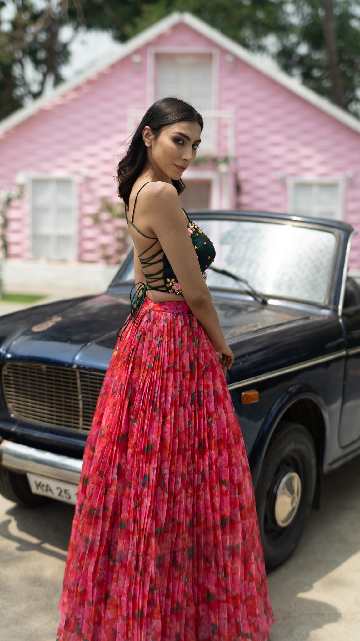 Red Pleated Lehenga Set