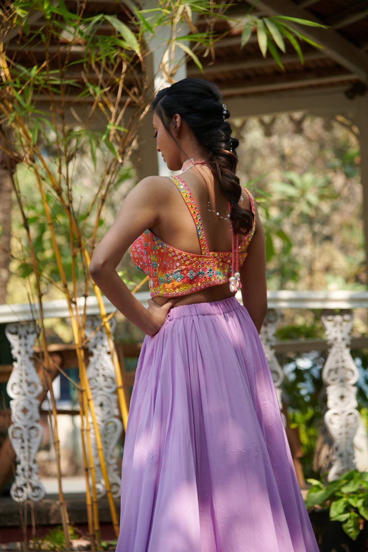 purple lehenga with mirror embroidered blouse