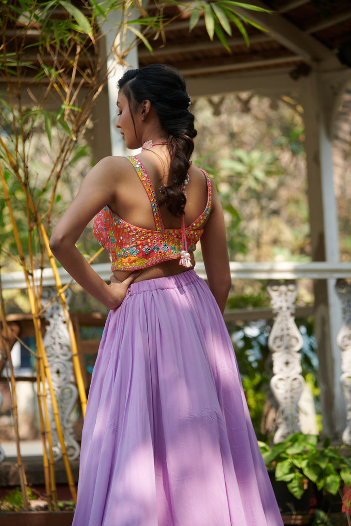 purple lehenga with mirror embroidered blouse