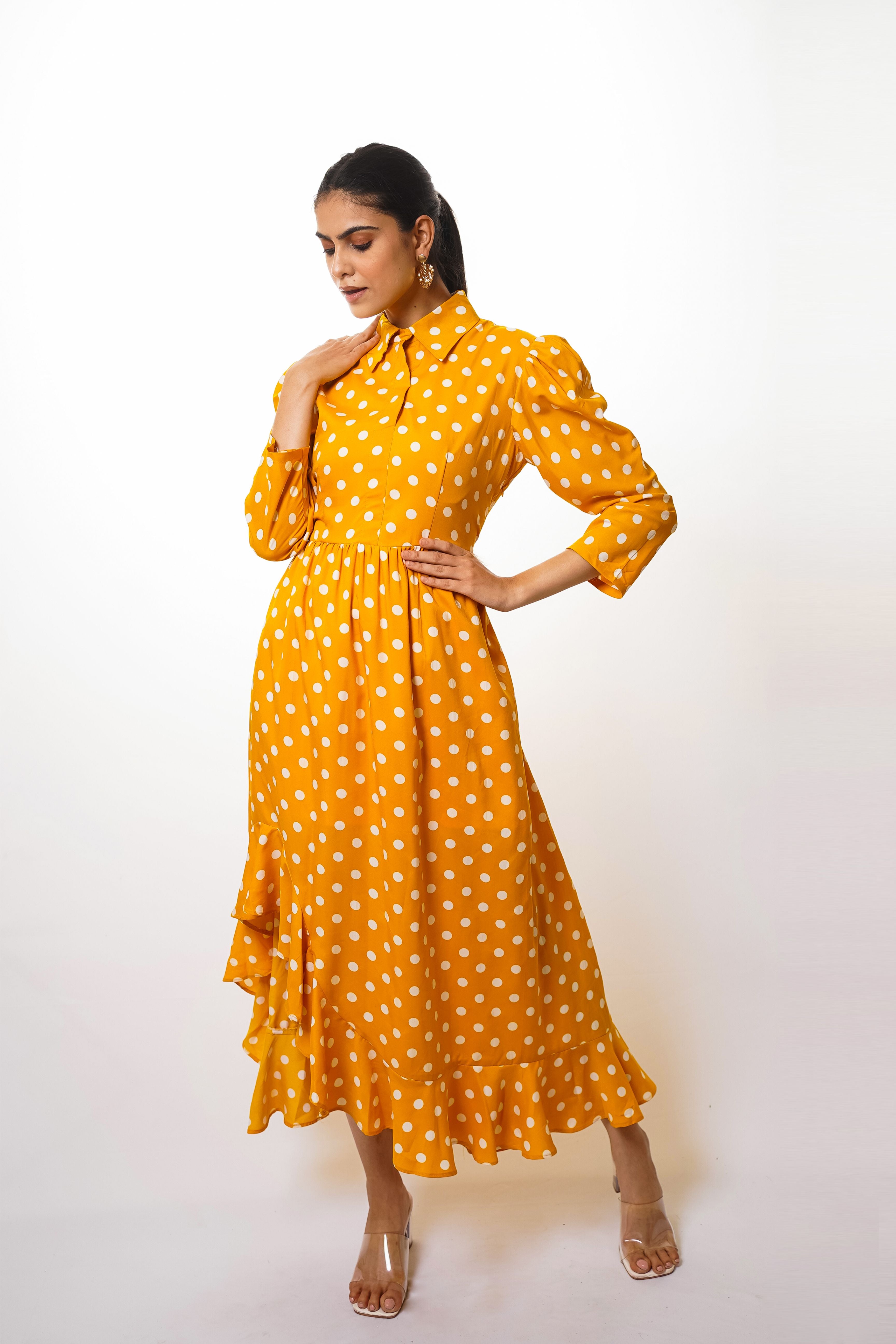 Yellow polka dot ruffle dress
