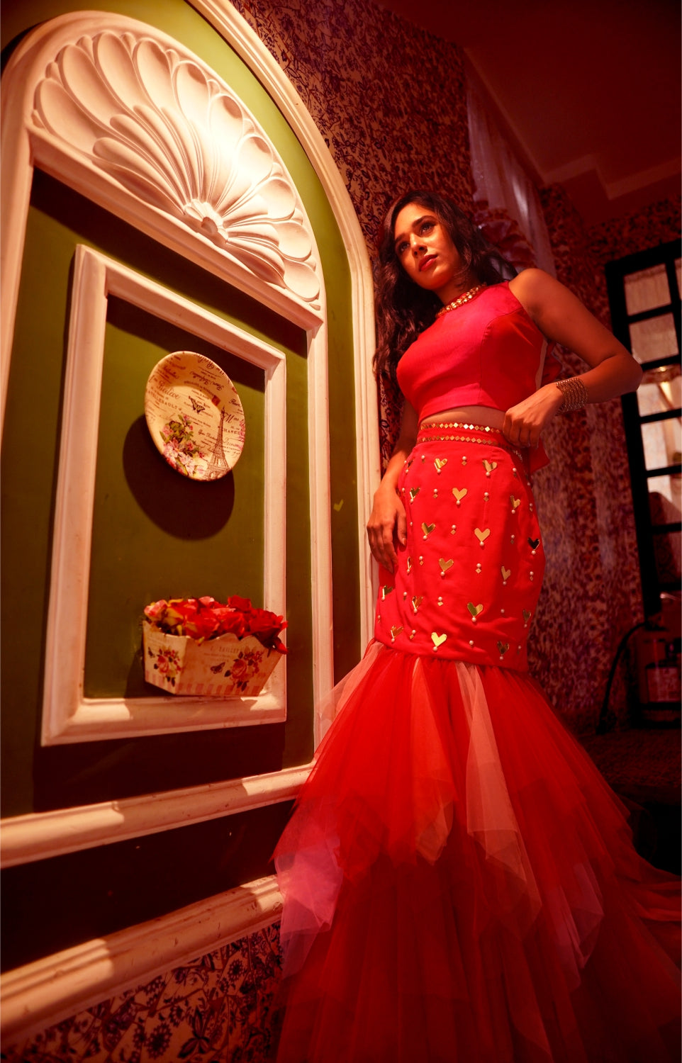 Red Fish Cut Lehenga Set