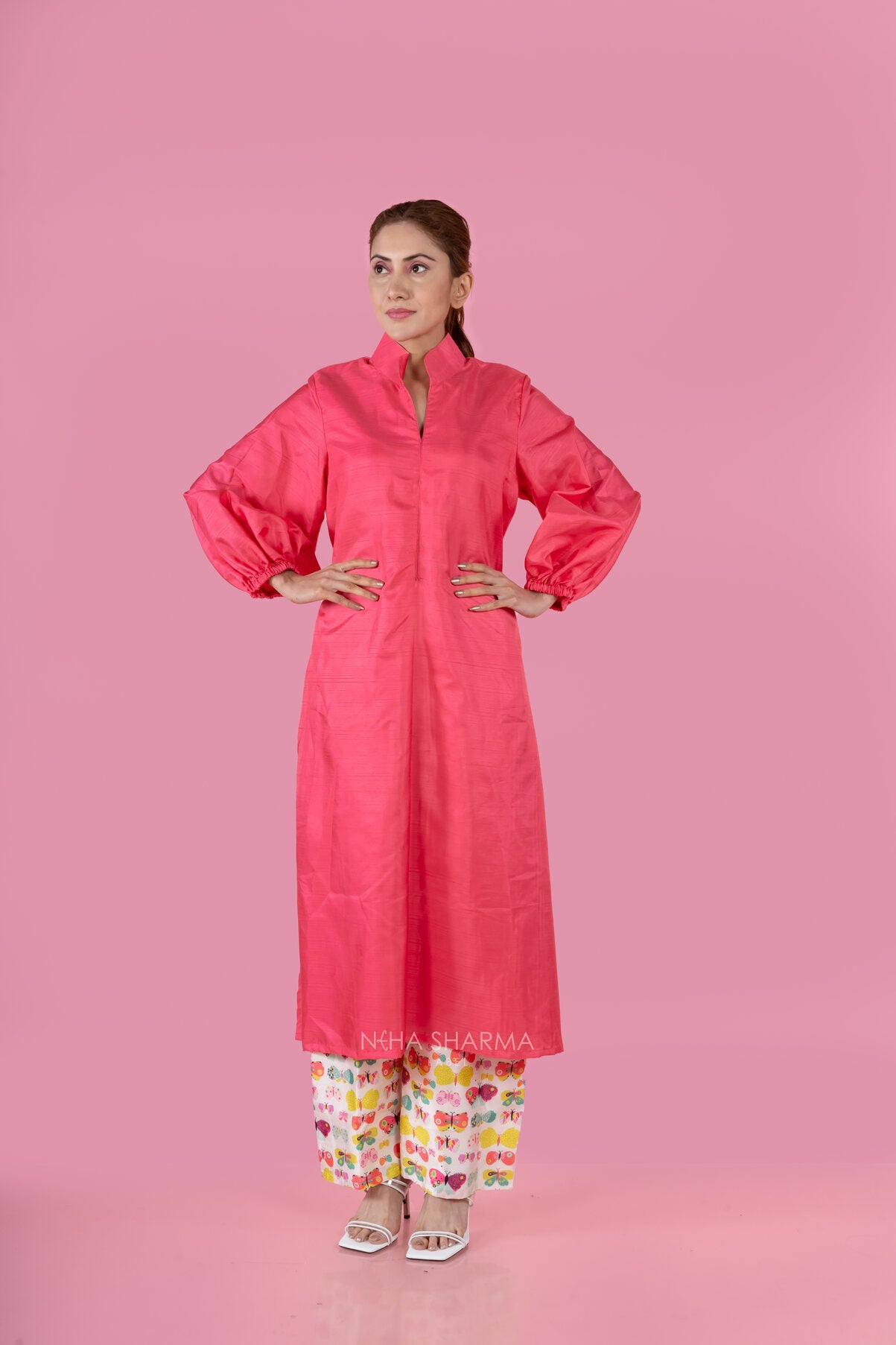 Pink Silk Kurta With Butterfly Printed Pants
