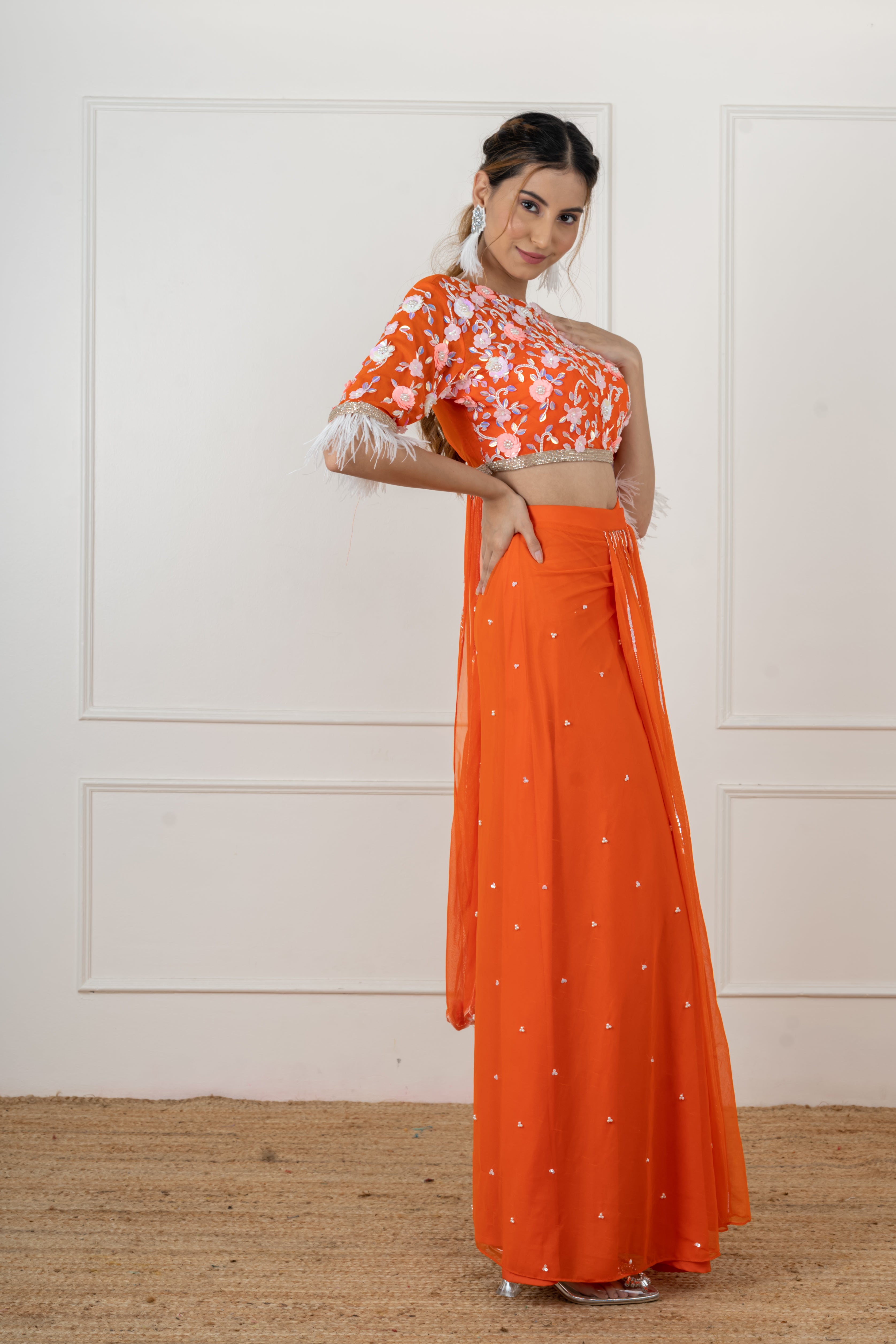 Orange draped handwork saree