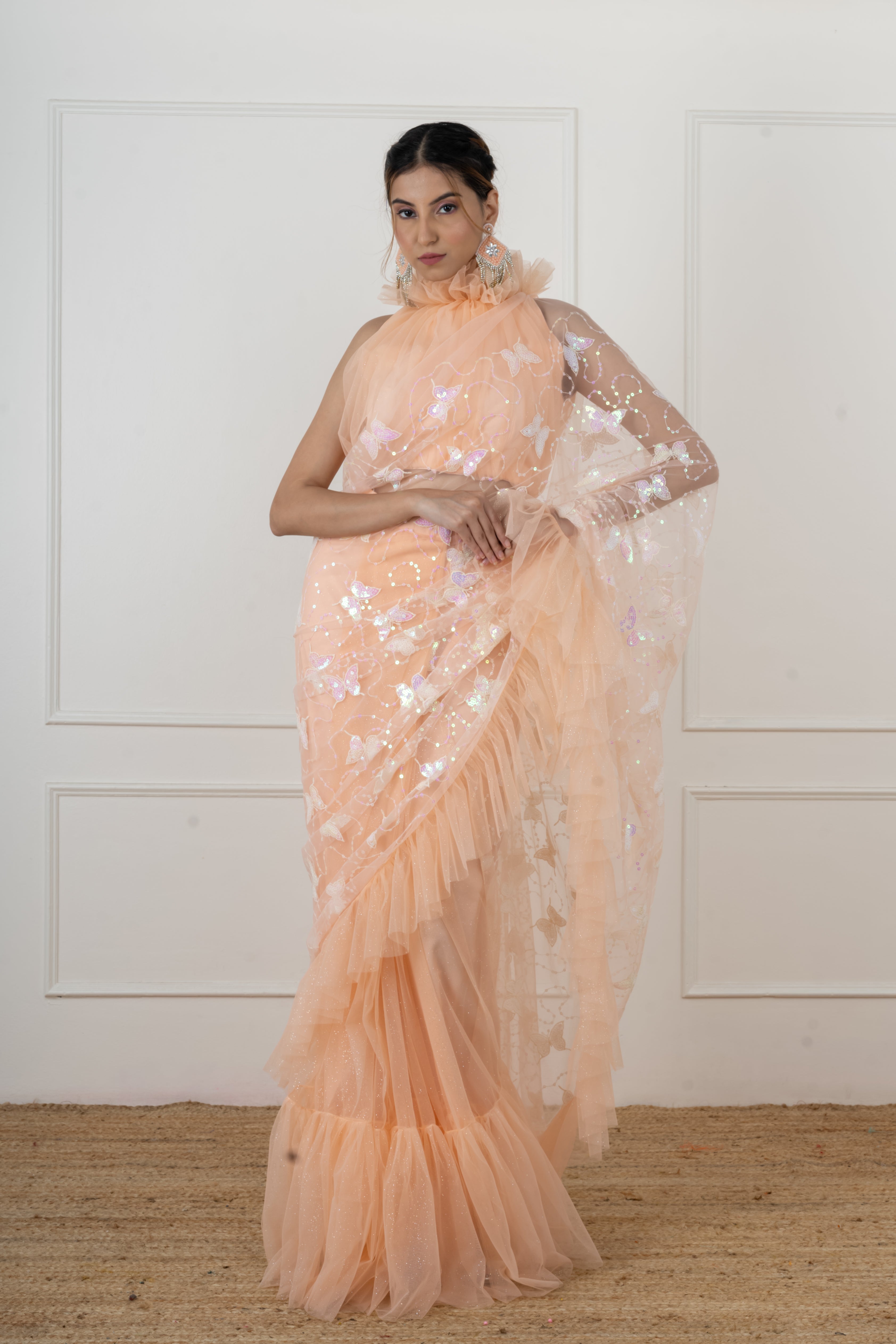 Peach butterfly draped saree