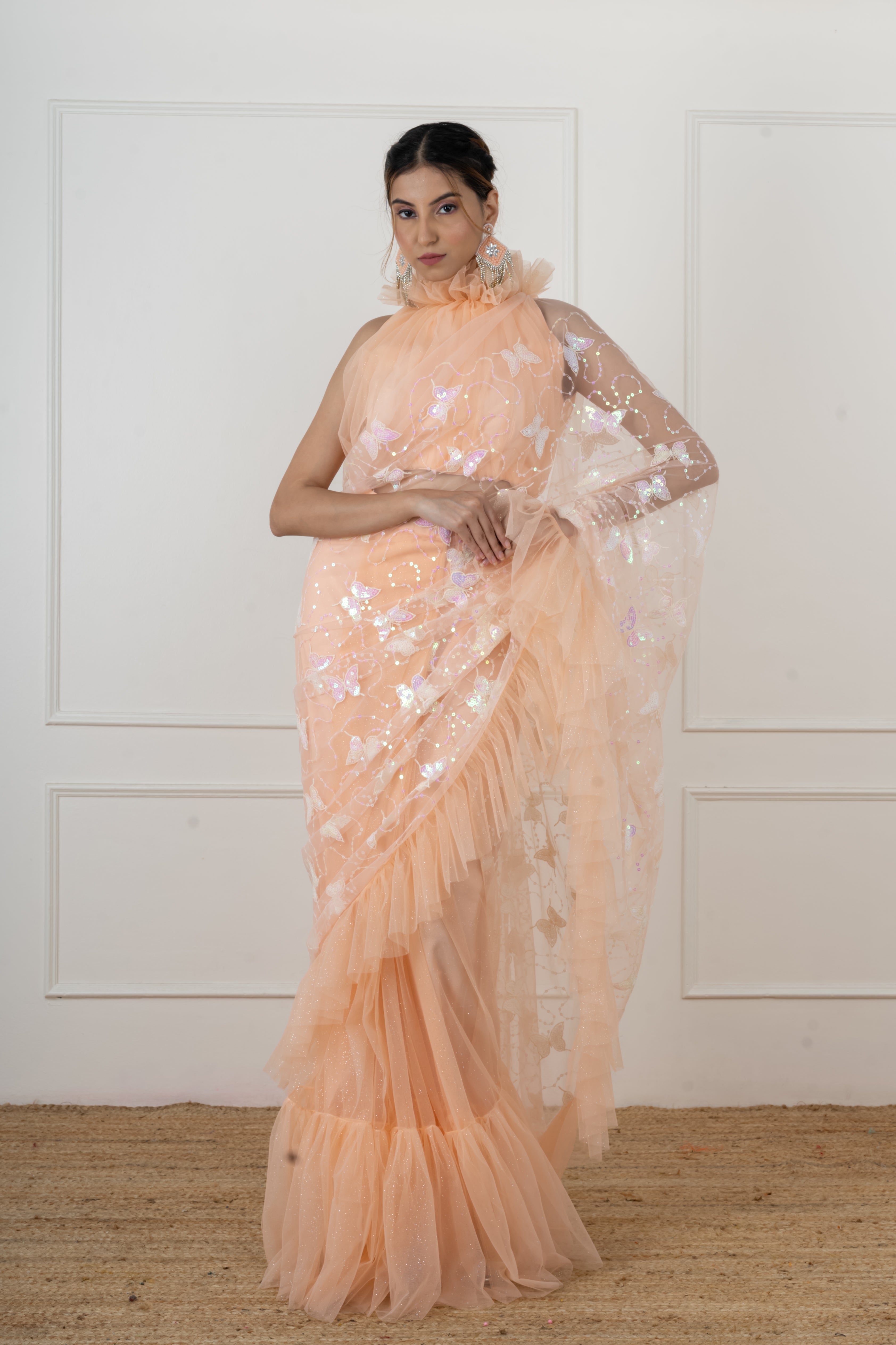 Peach Butterfly Draped Saree