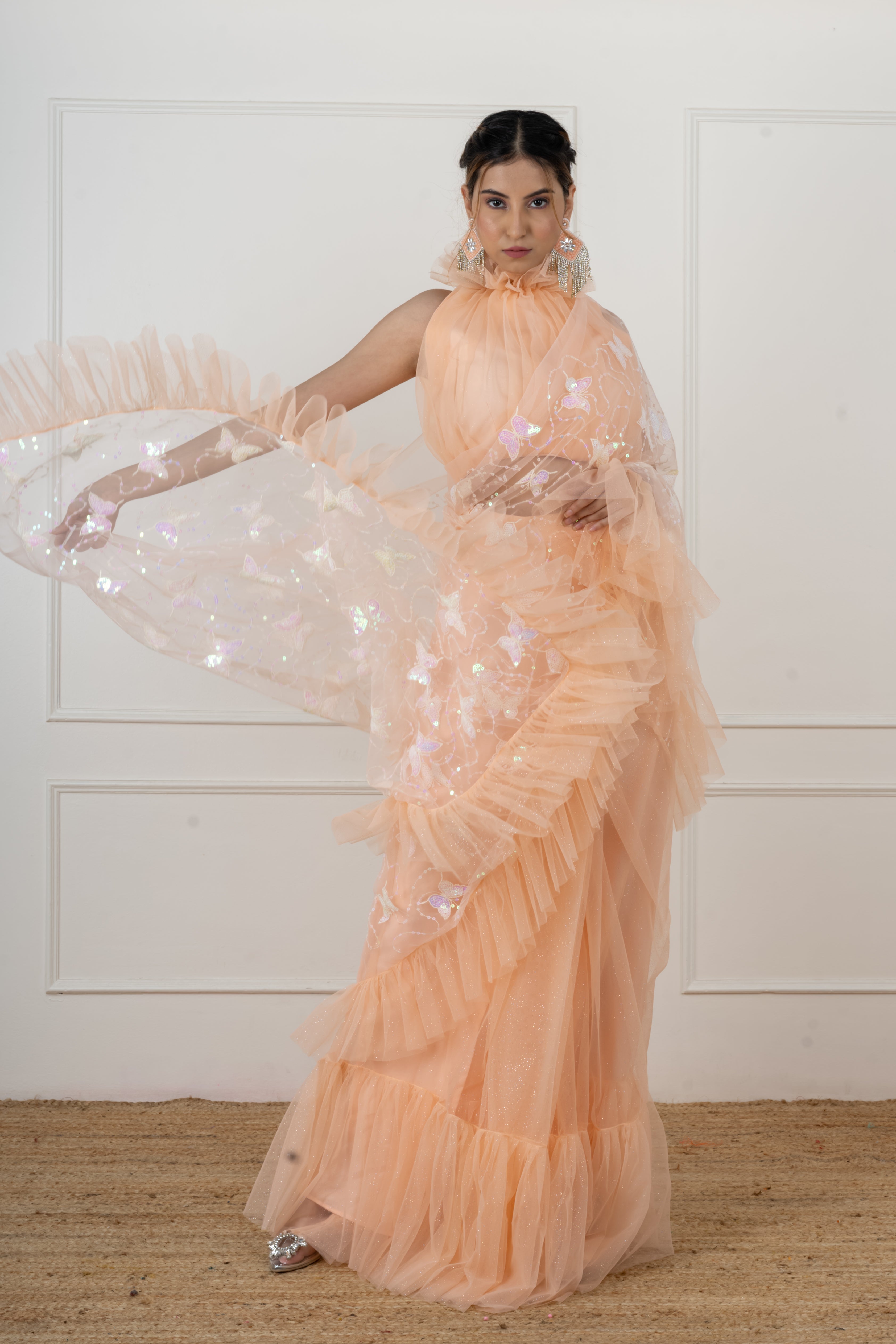 Peach Butterfly Draped Saree