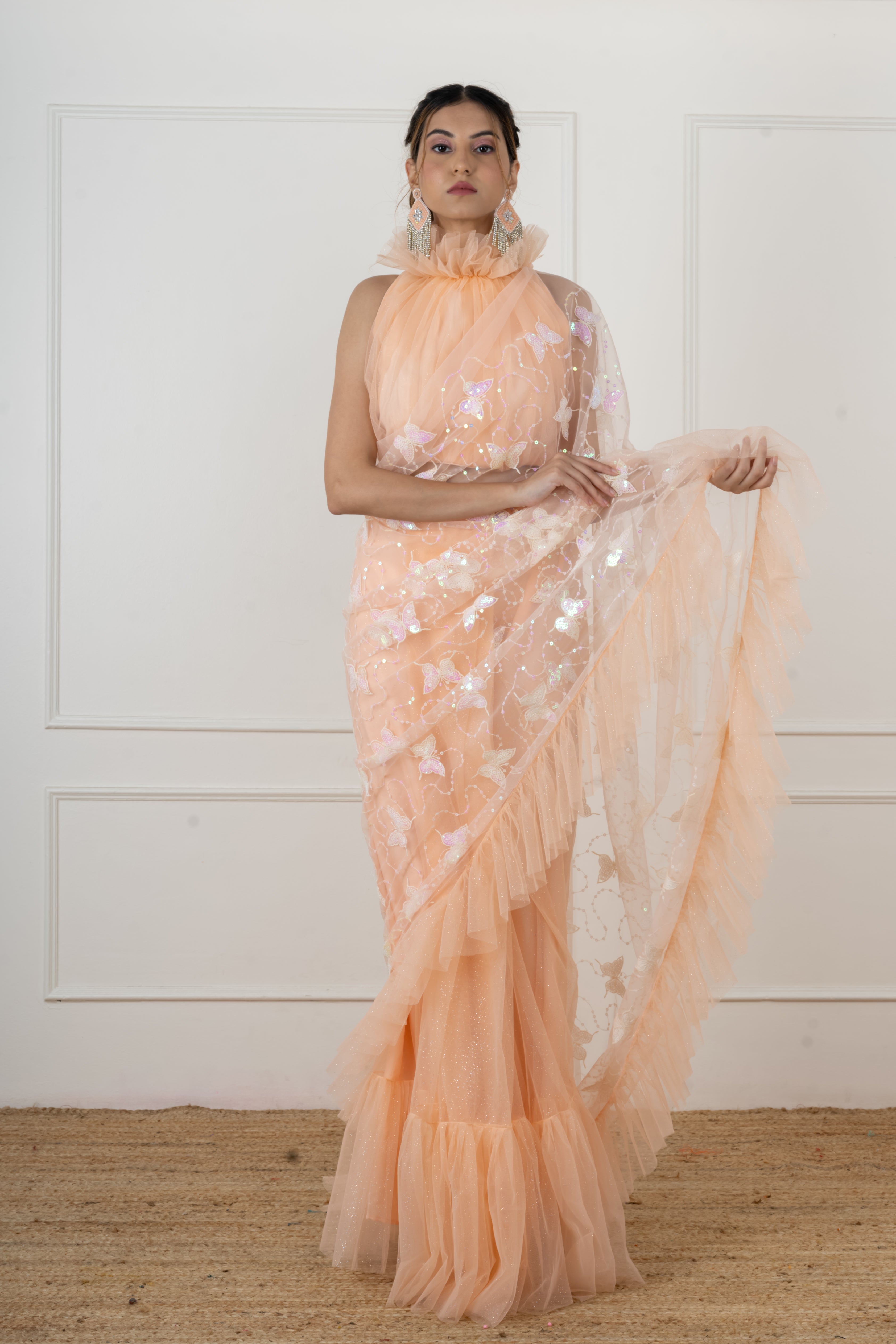 Peach Butterfly Draped Saree