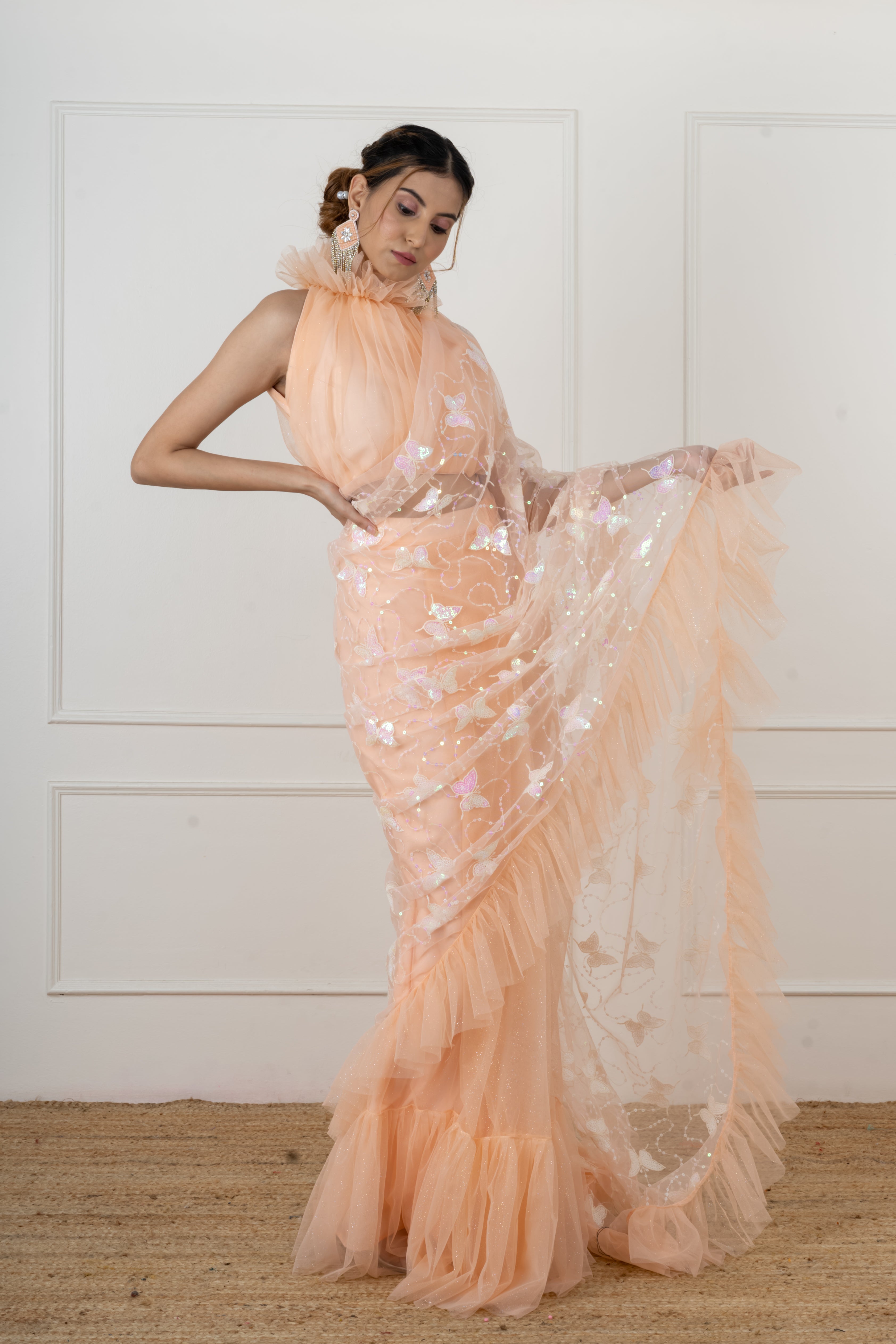 Peach Butterfly Draped Saree