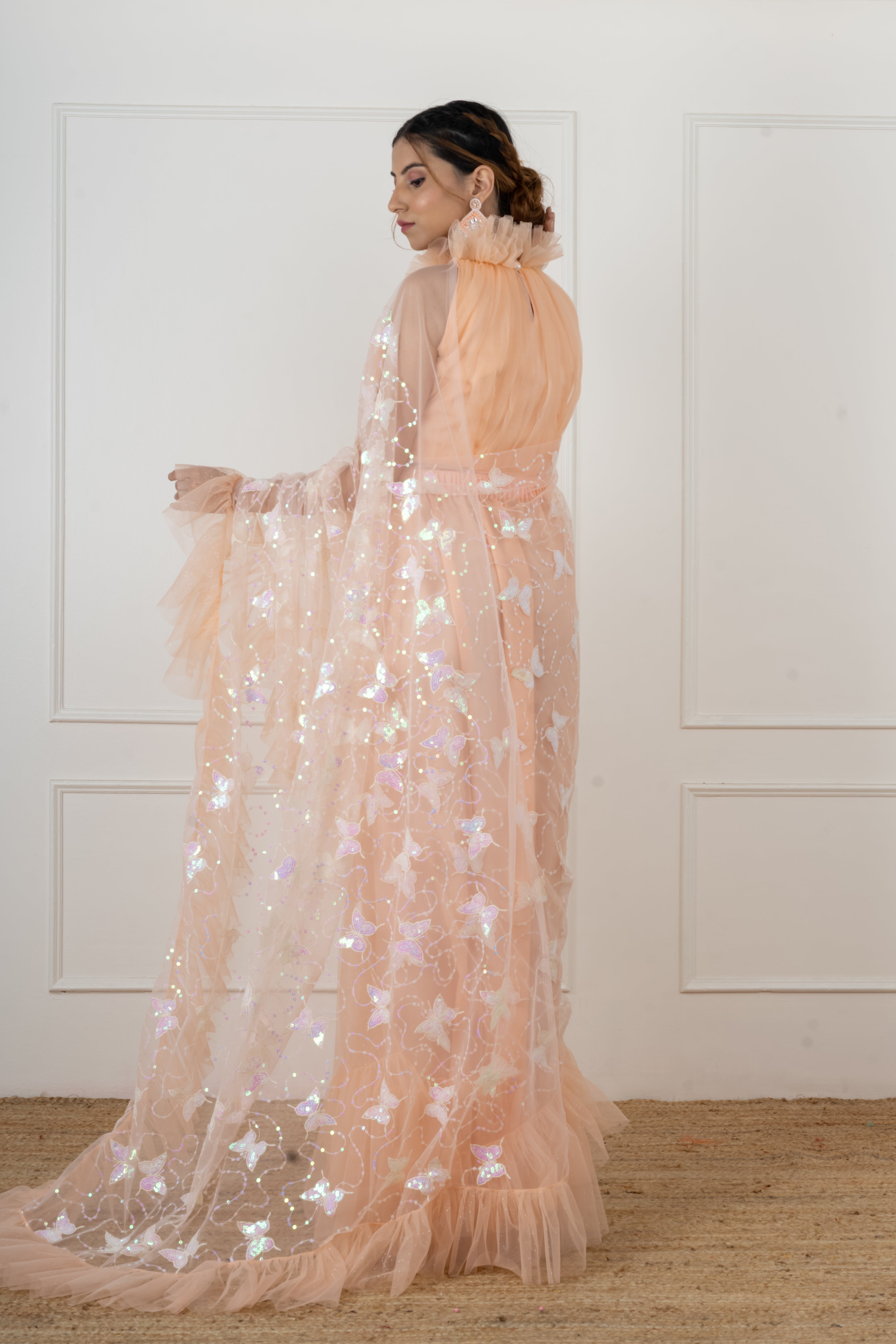 Peach Butterfly Draped Saree