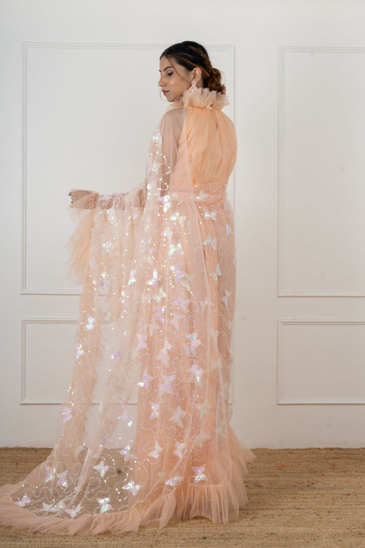 Peach Butterfly Draped Saree