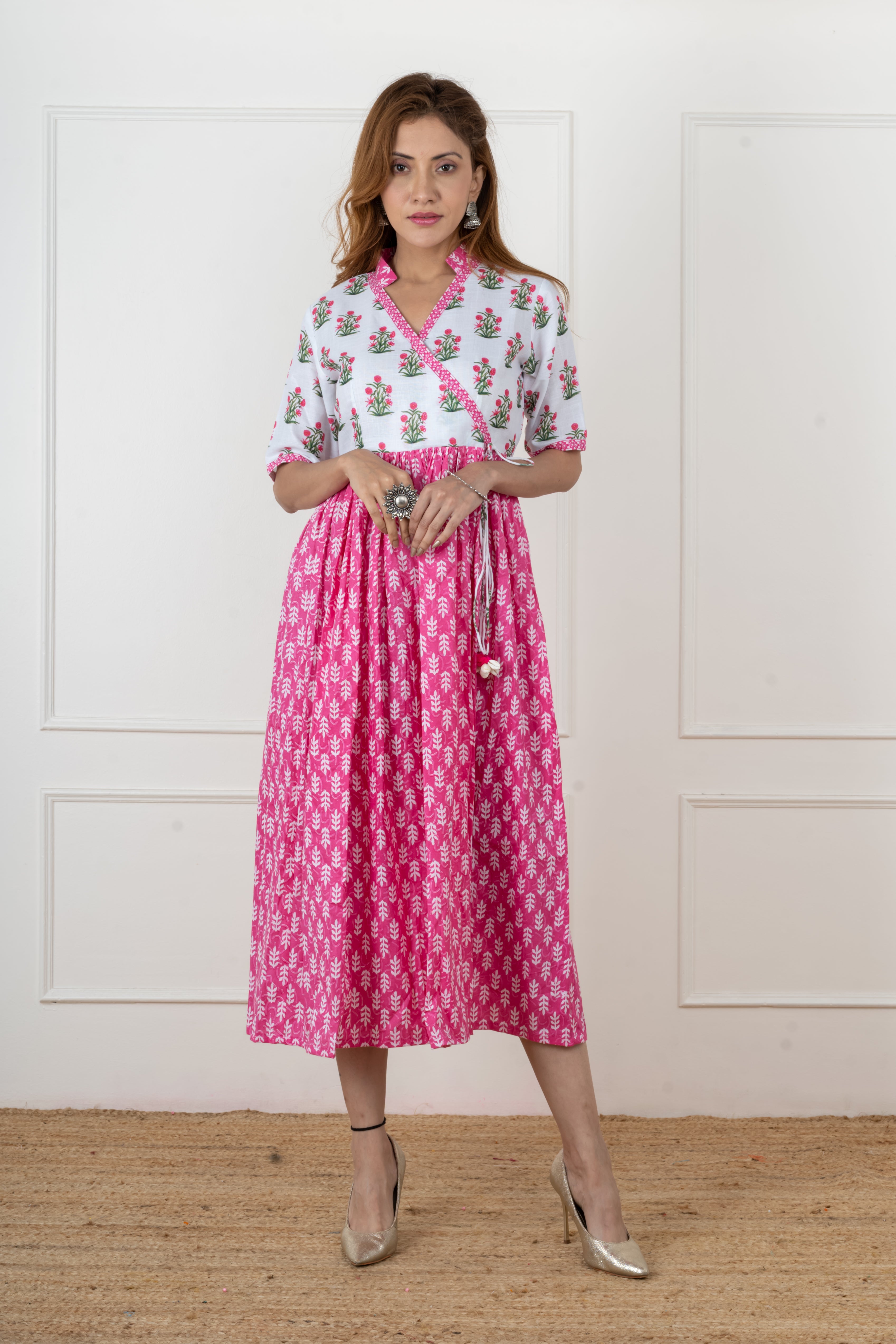 White and pink floral kurta