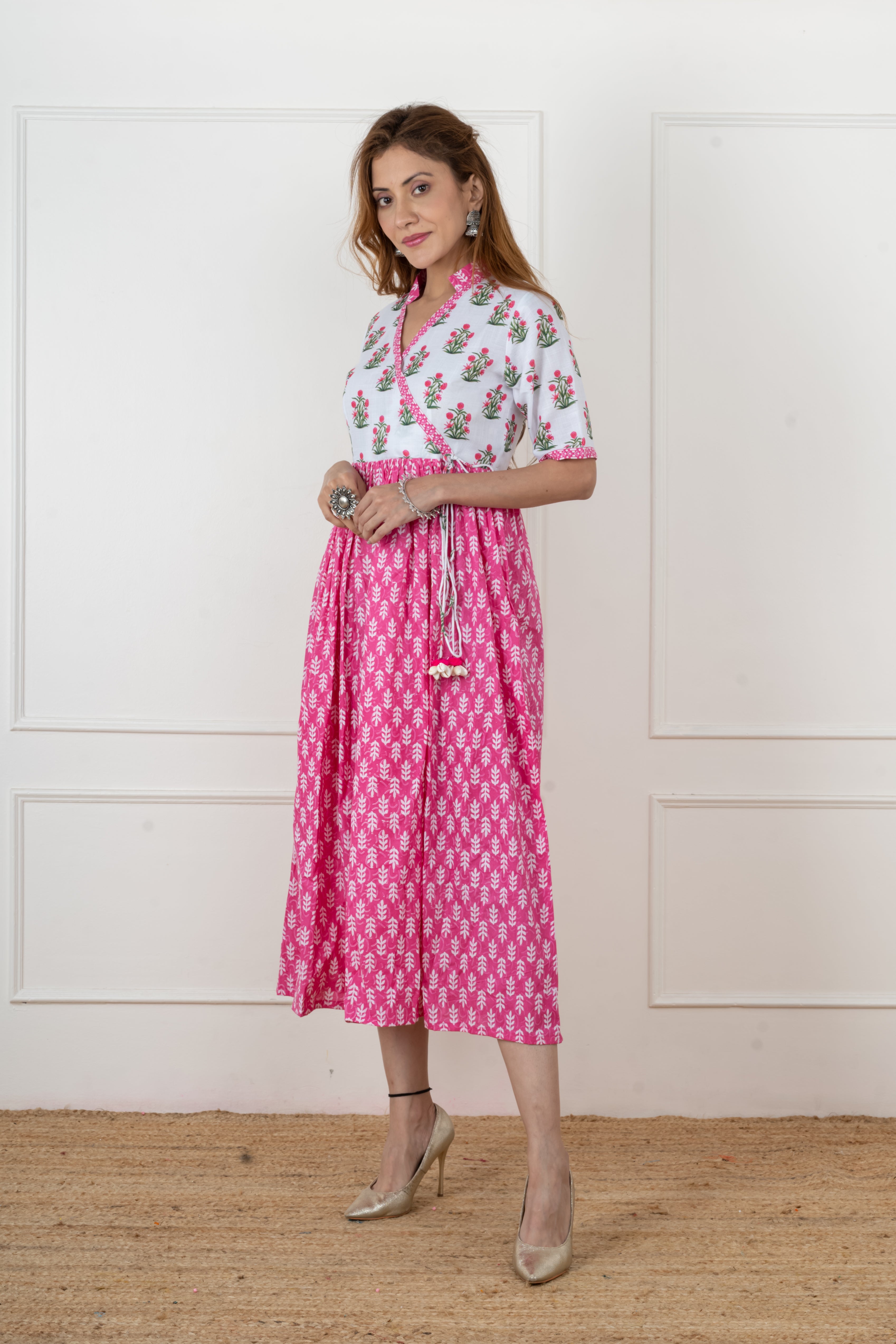 White and pink floral kurta