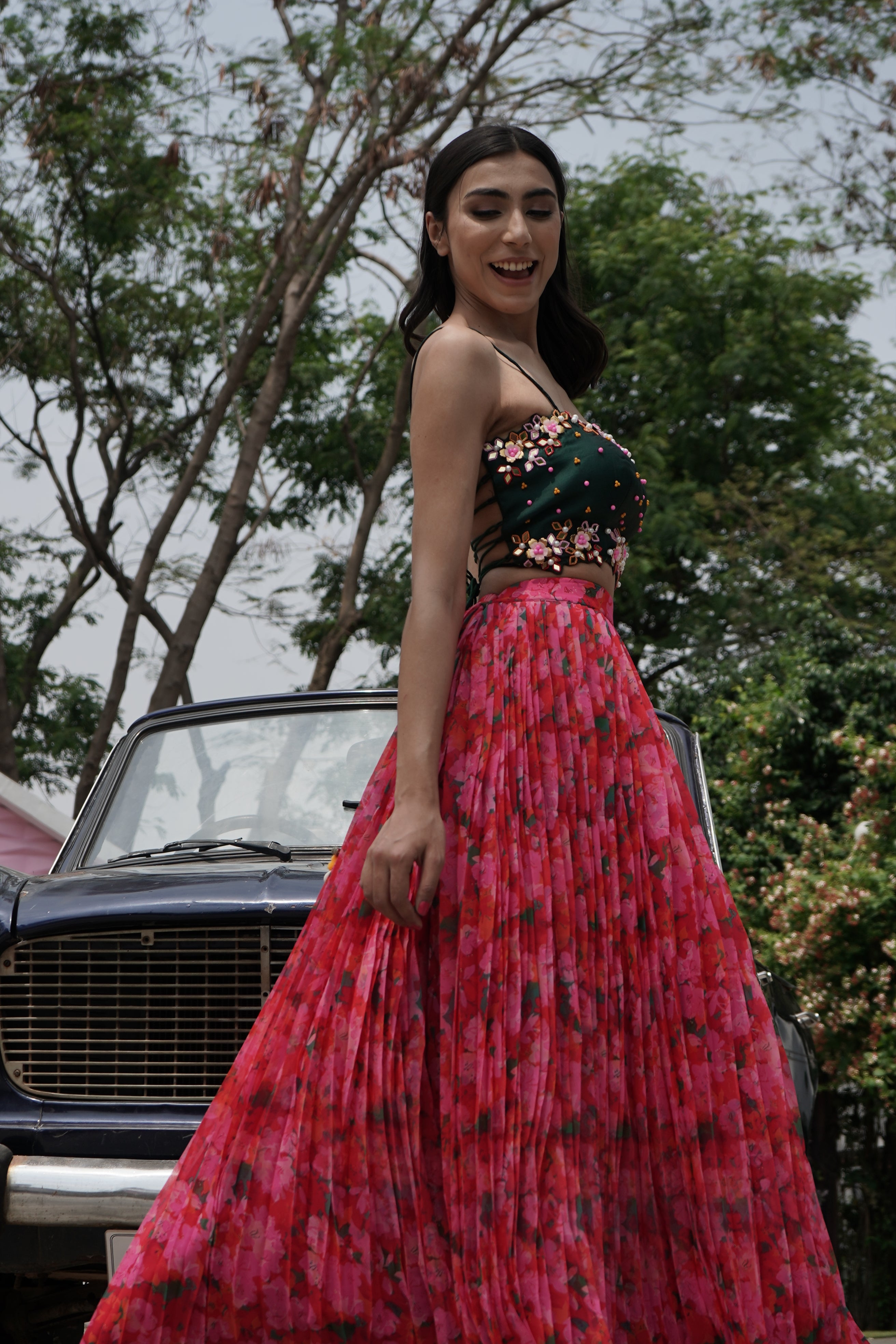 Red Pleated Lehenga Set