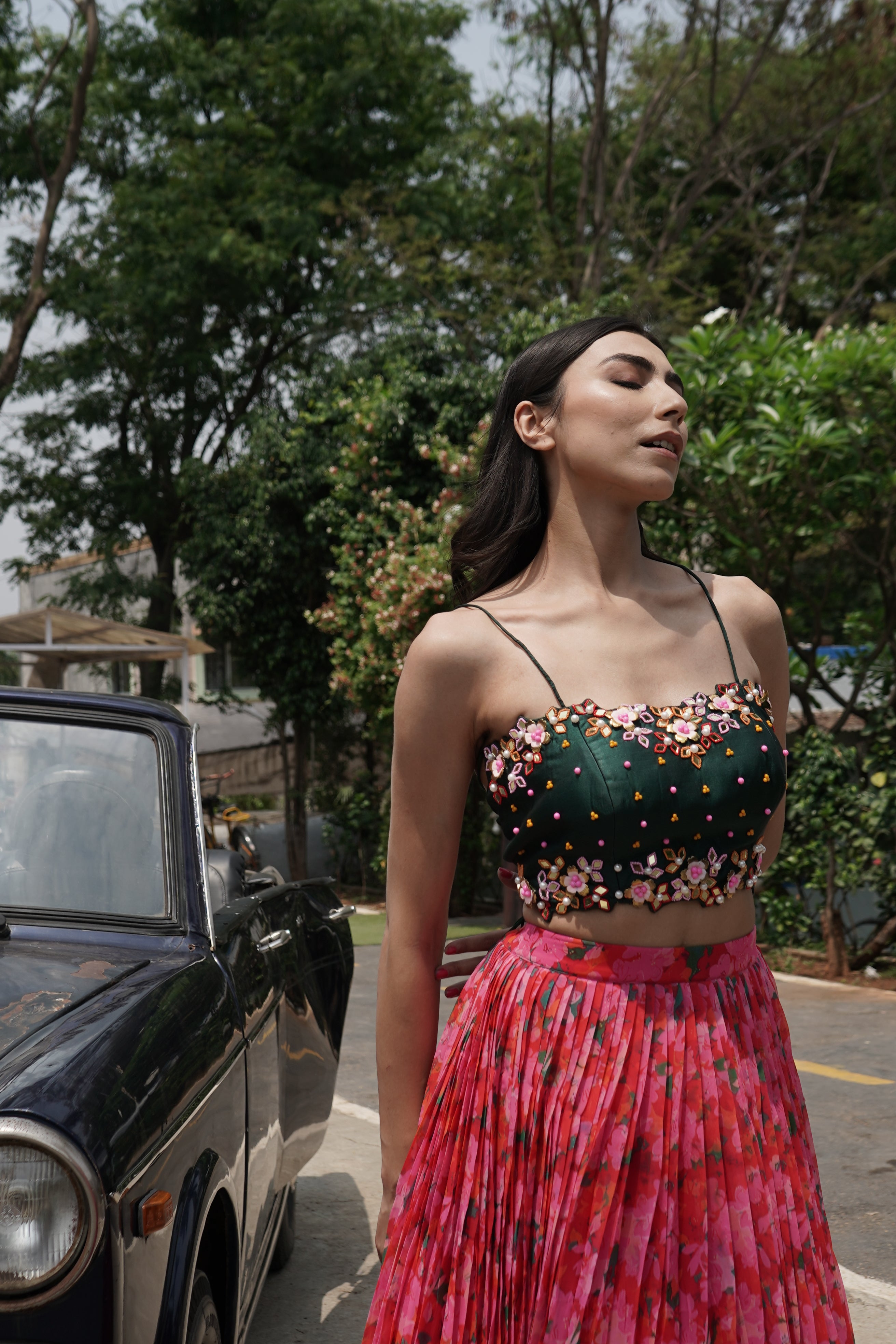 Red Pleated Lehenga Set