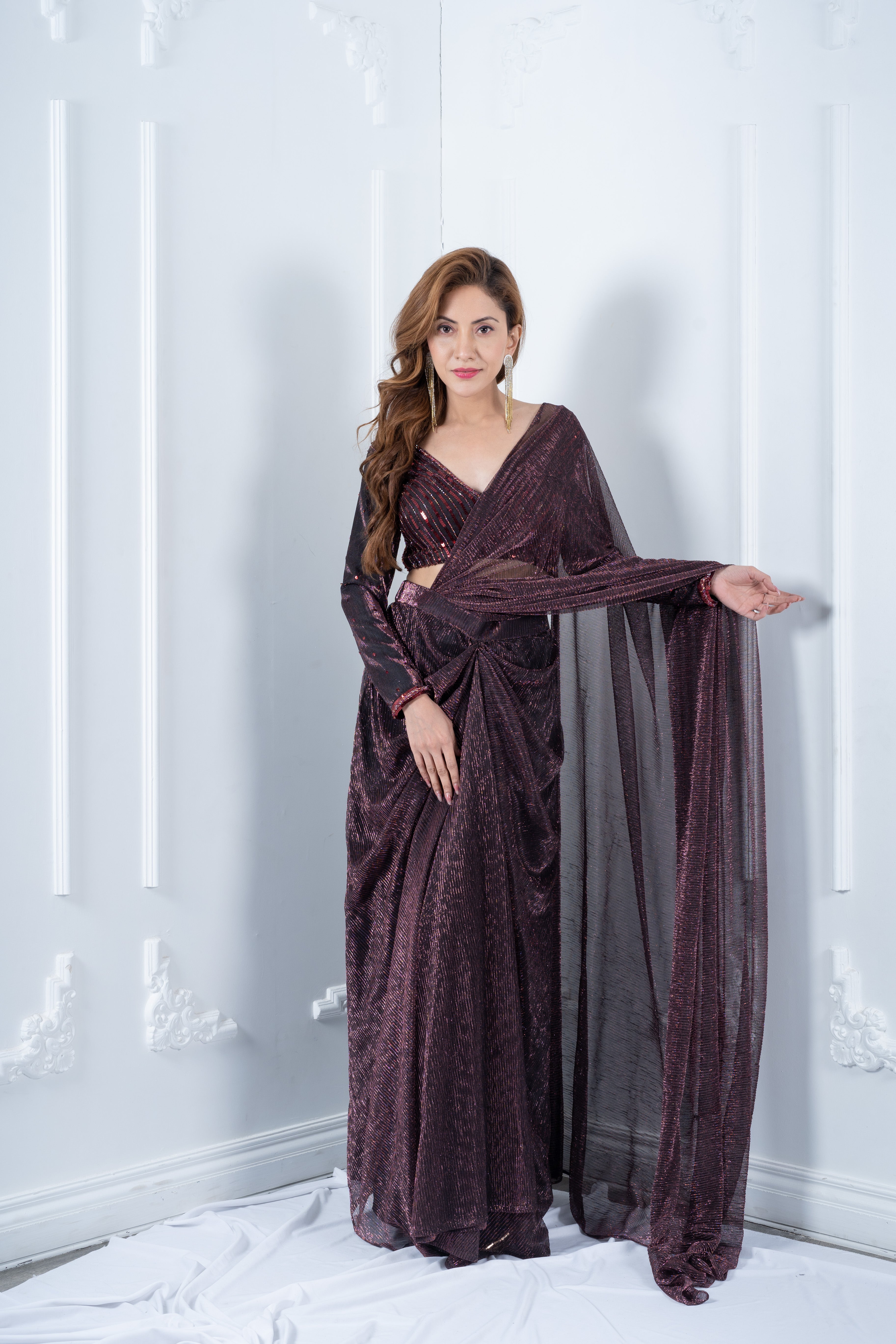 Maroon Sequins Blouse with maroon pleated drape saree