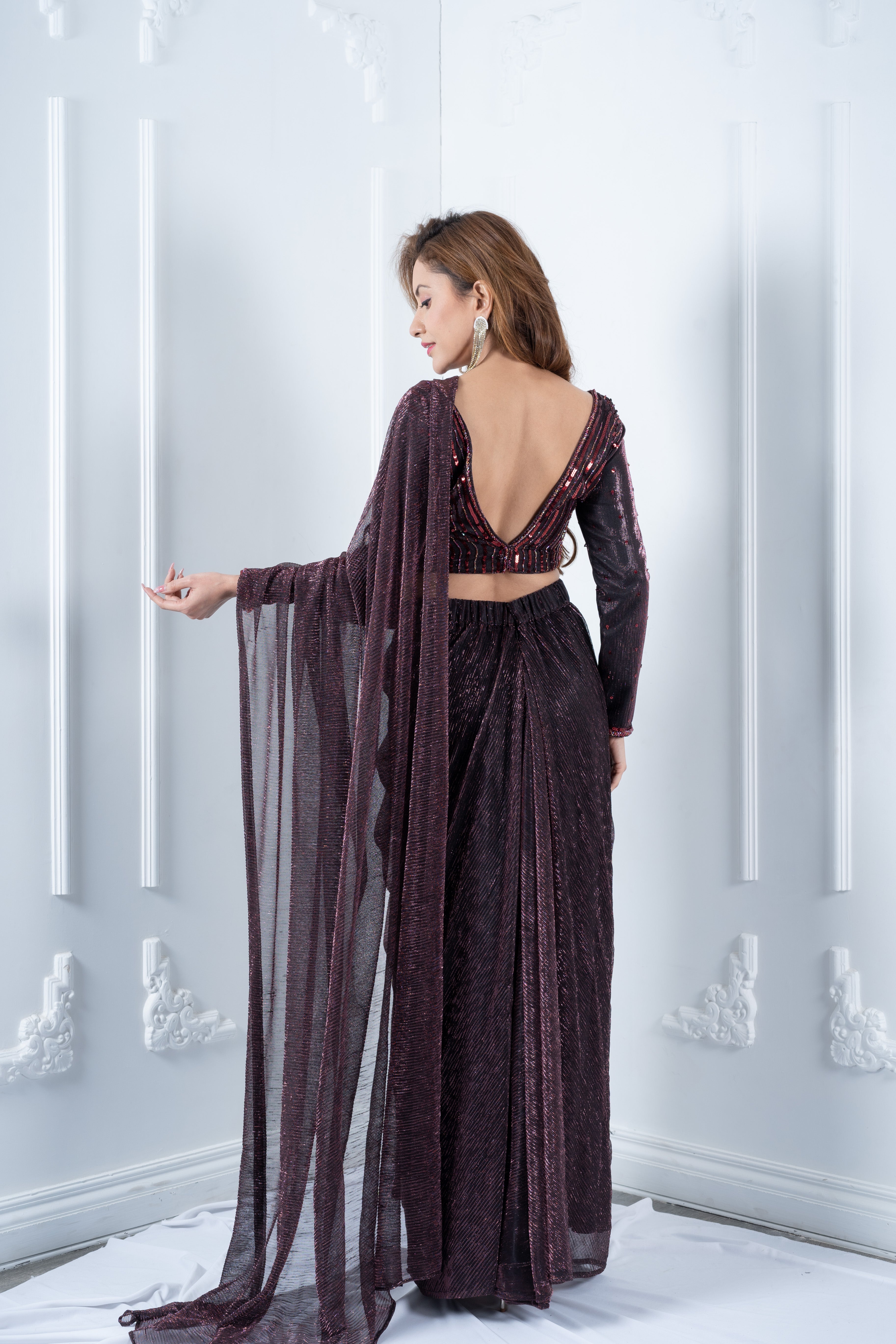 Maroon Sequins Blouse with maroon pleated drape saree